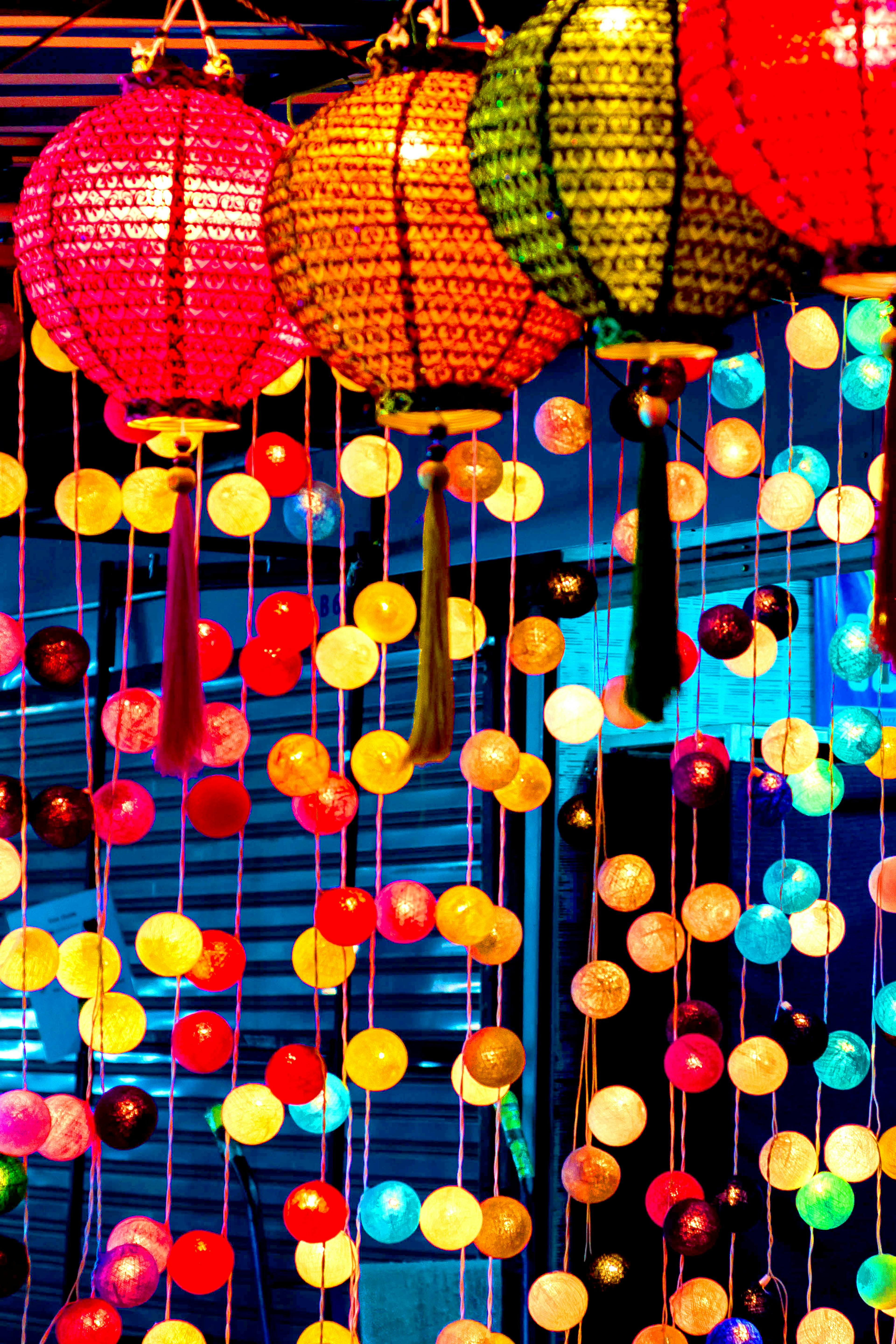 Colorful lights on display at a night market in Chiang Mai.