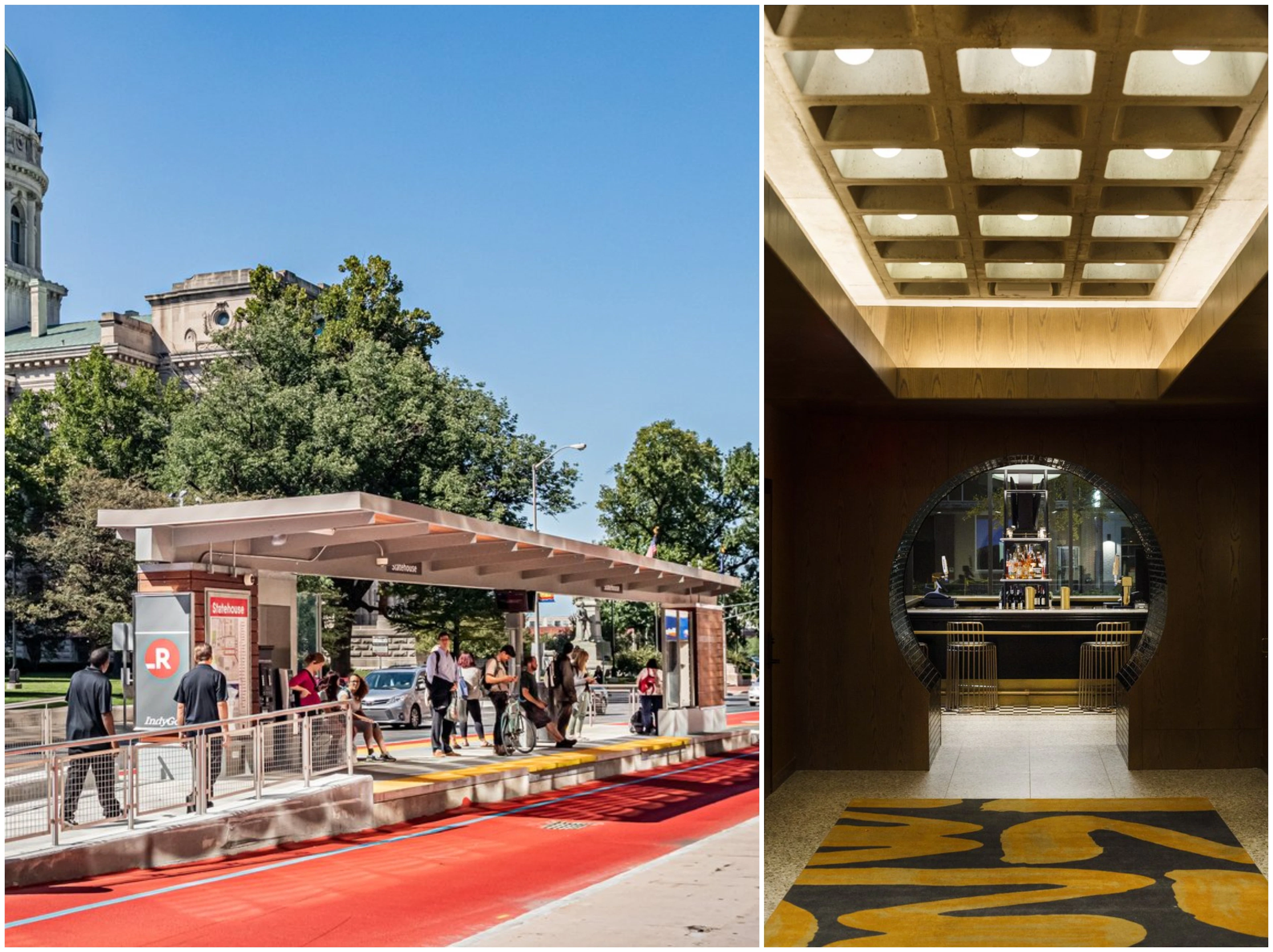 Слева автобусная остановка в Индианаполисе. Справа лобби отеля Indy.