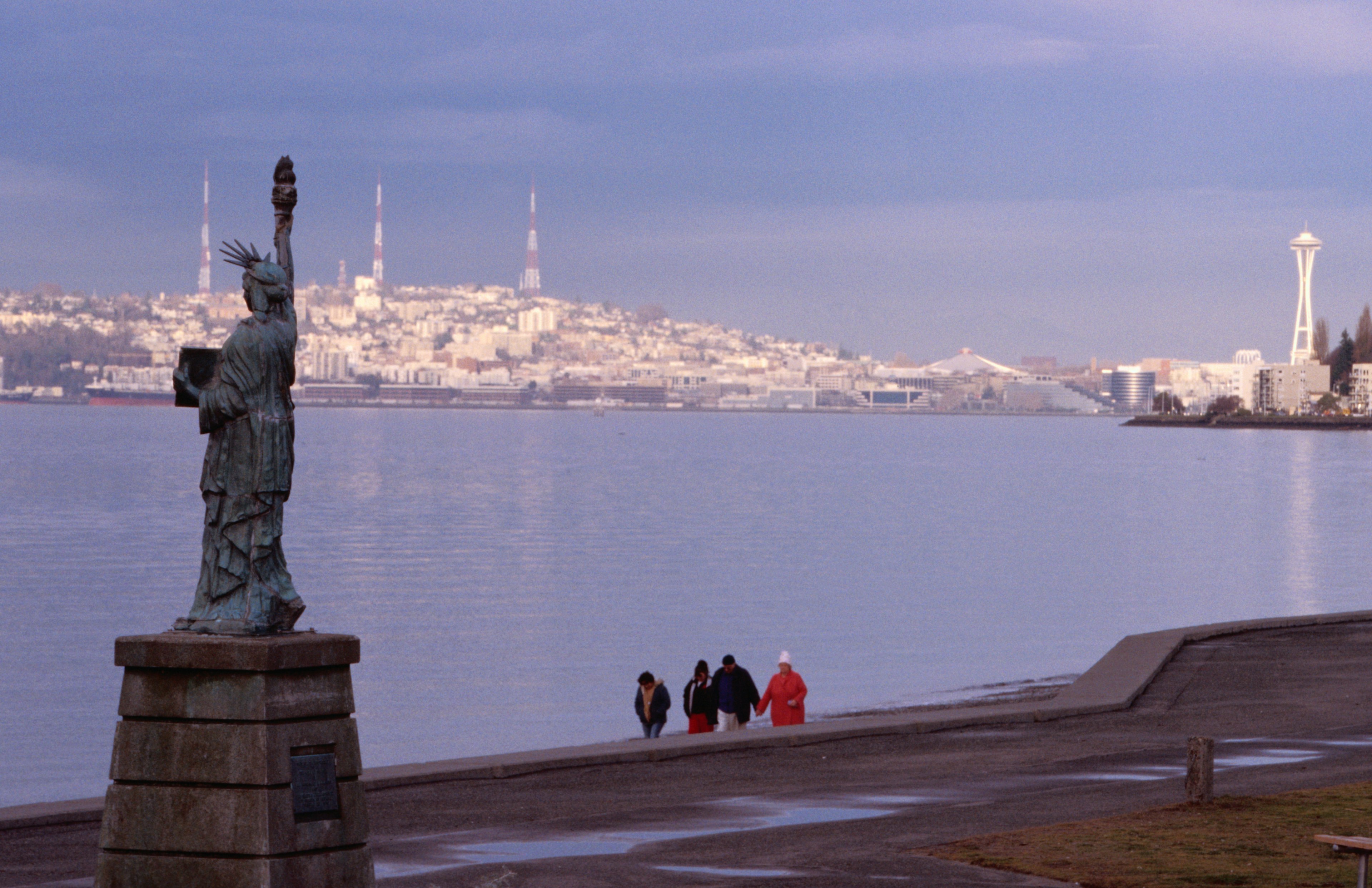 The Statue of Liberty, given to Seattle by the Boy Scouts of America in 1952, is on Alki Beach.