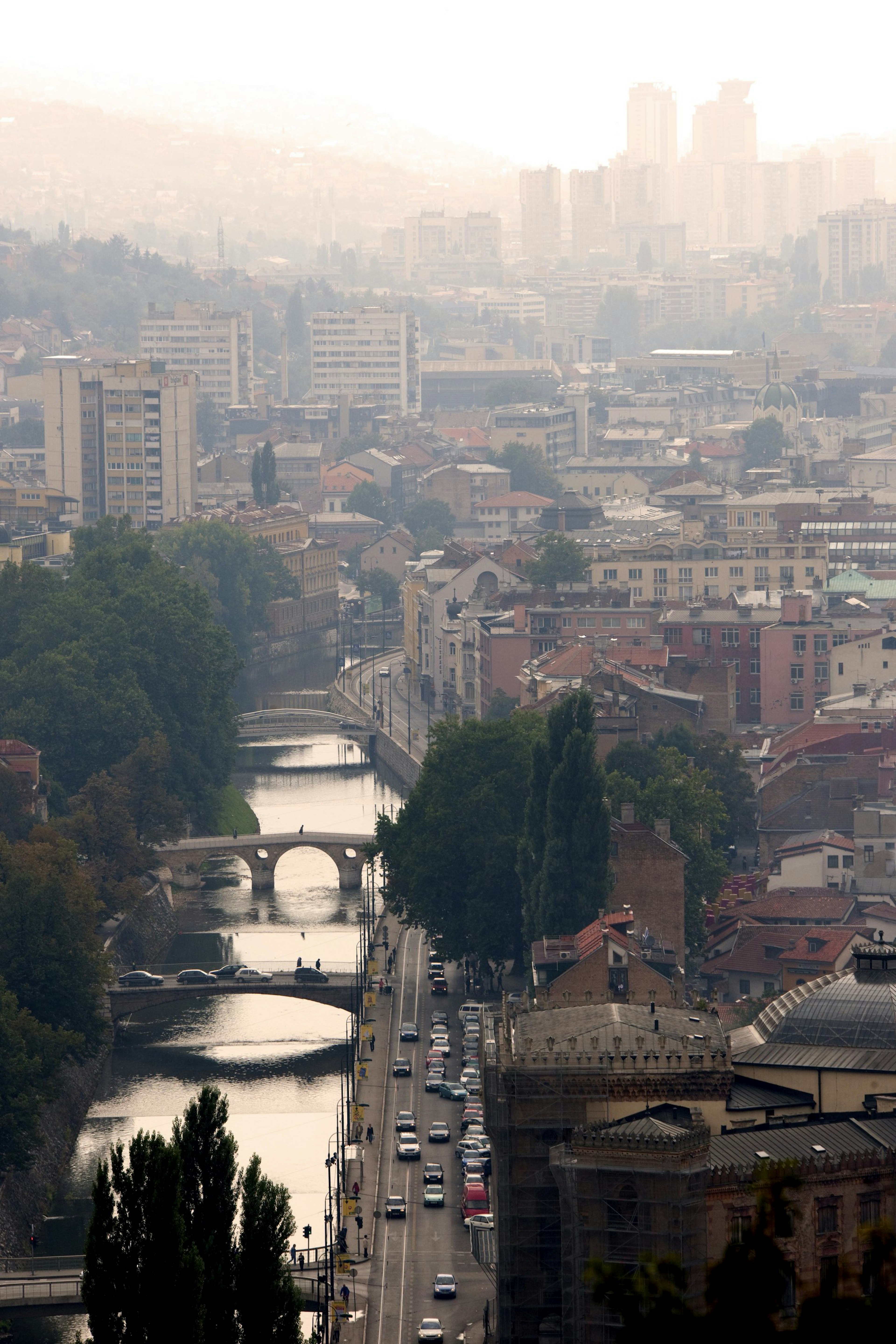 Overview of old city beside Miljacka River.