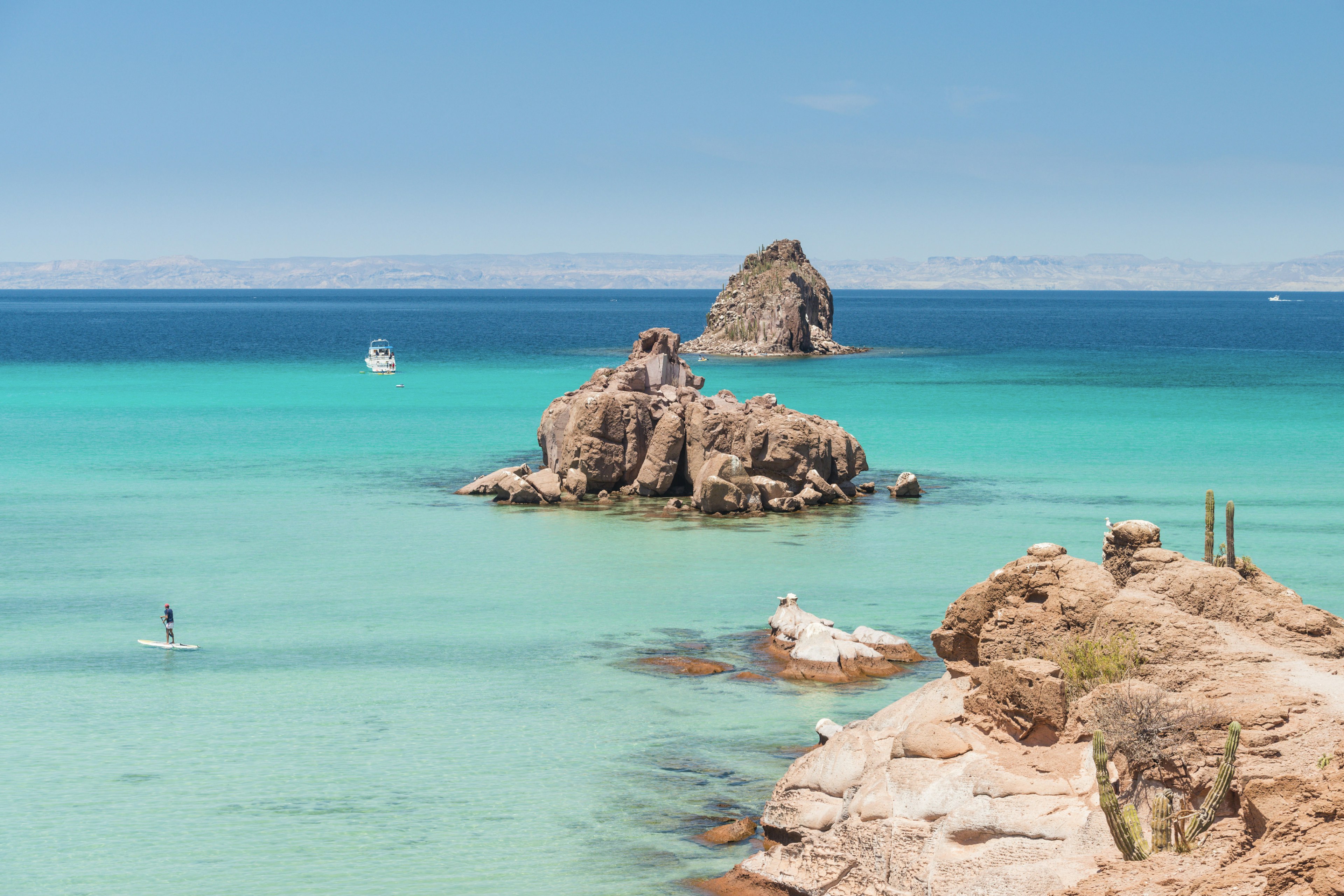 Paddle boarding (SUP) off the island of Espiritu Santo, a Unesco Biosphere Reserve in the Gulf of California, Mexico.