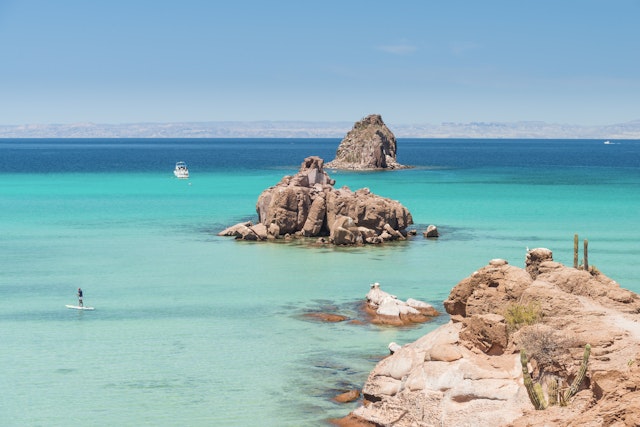 Paddle boarding (SUP) off the island of Espiritu Santo, a Unesco Biosphere Reserve in the Gulf of California, Mexico.