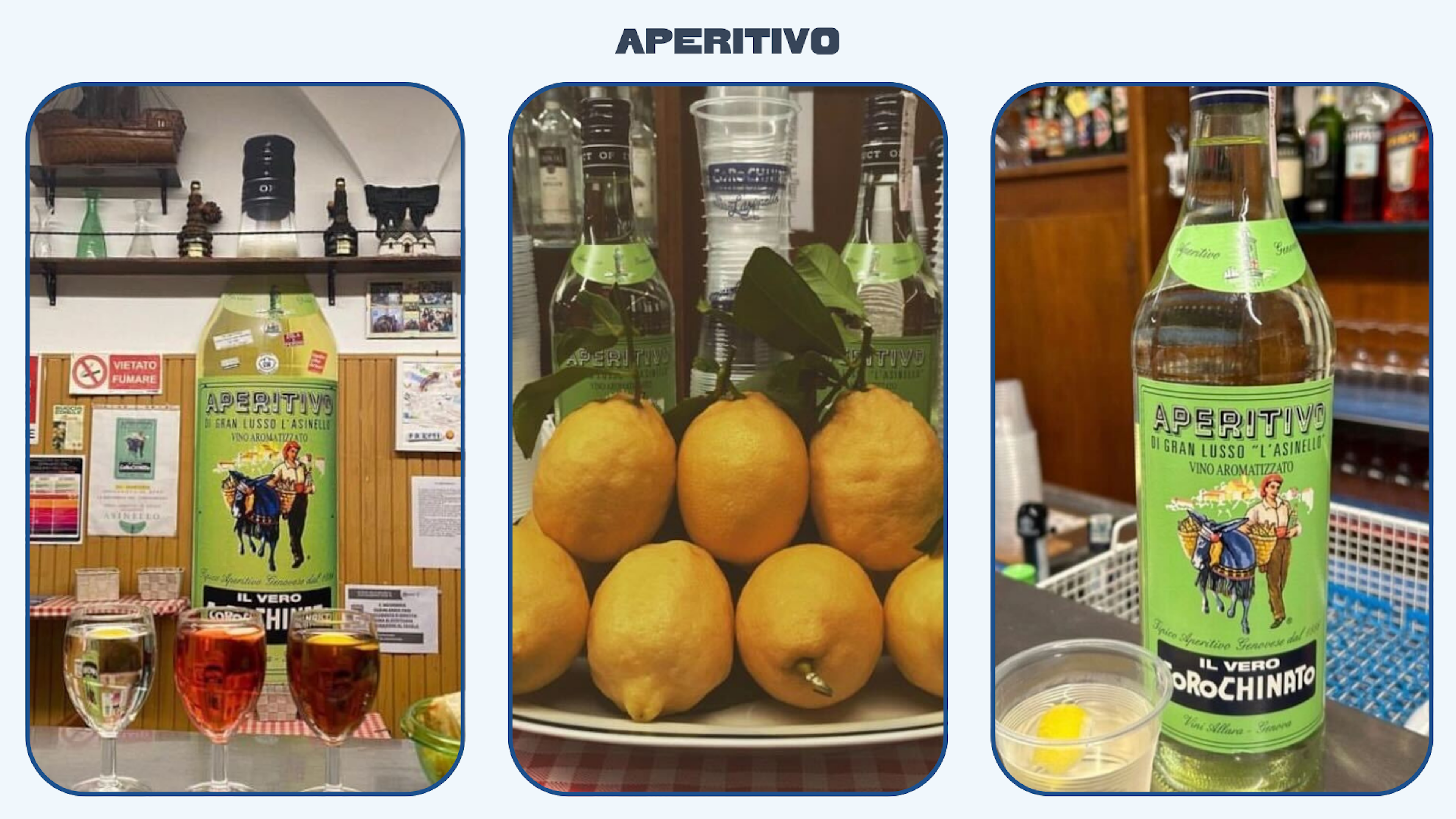 From left to right: glasses of aperitif; plate of lemons; close-up of an Aperitivo bottle