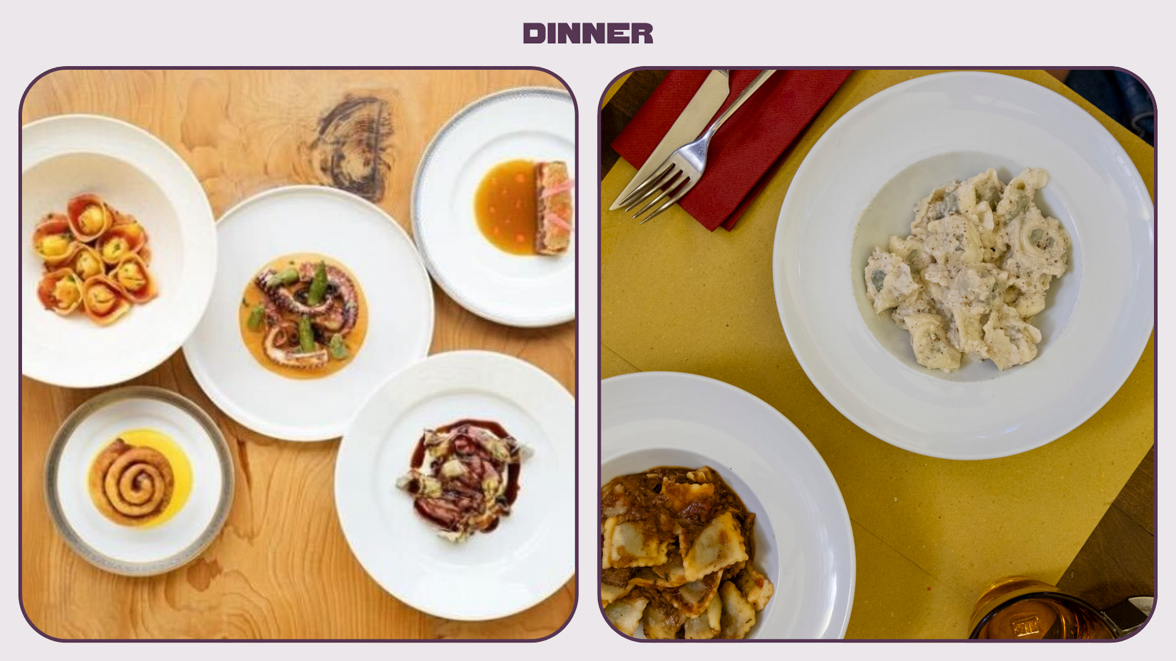 L: variety of small plates with pasta and seafood. R: Two plates of pasta on a table setting