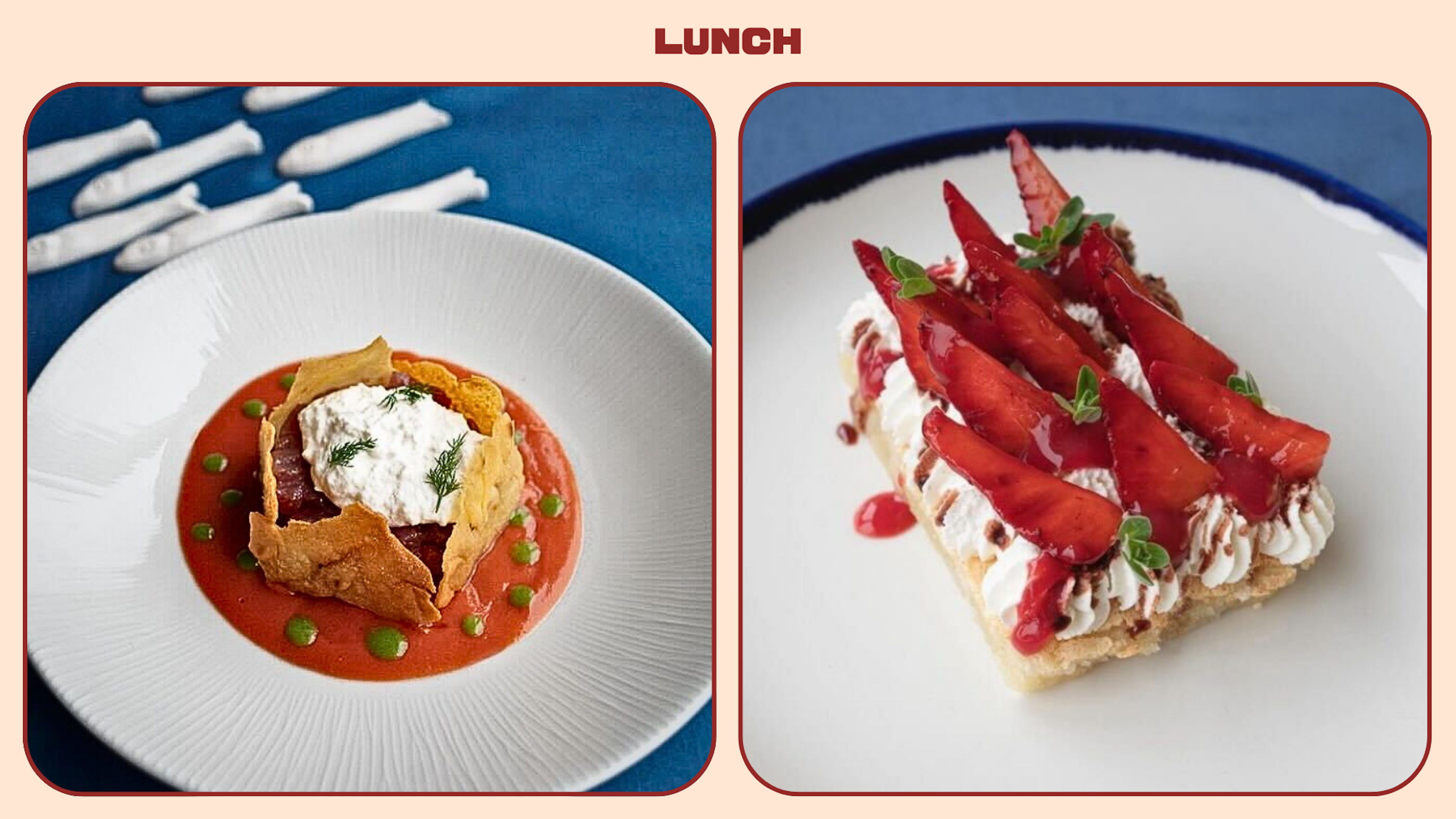 Two plated dishes: a savory dish with a crispy shell on the left and a strawberry-topped dessert on the right