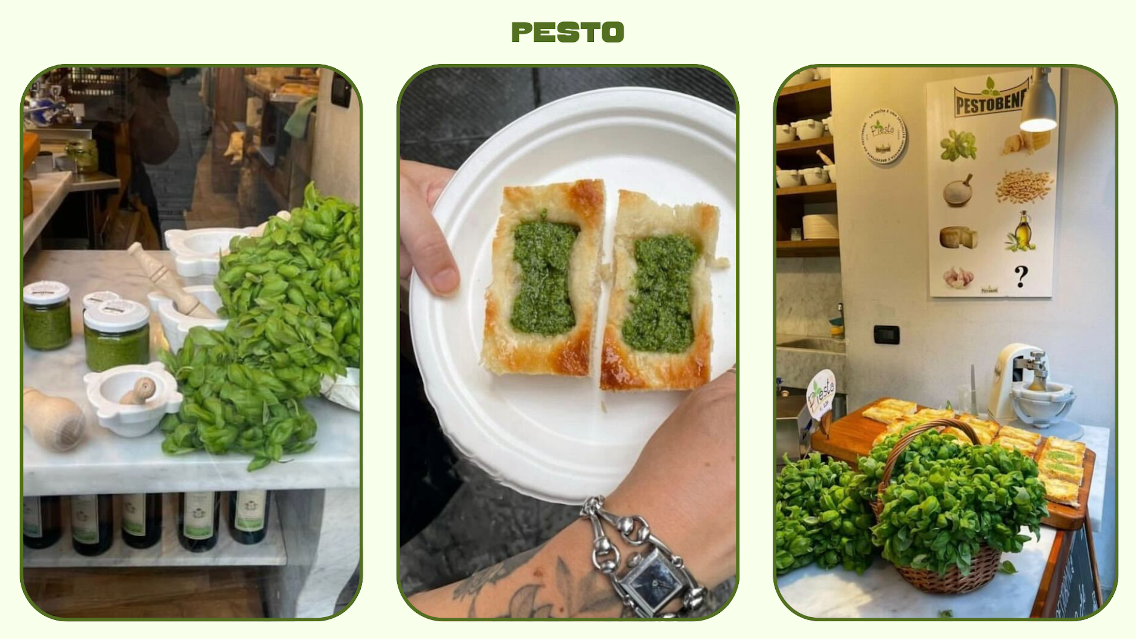 From left to right: fresh basil and pesto jars; two slices of bread topped with pesto; basket of fresh basil