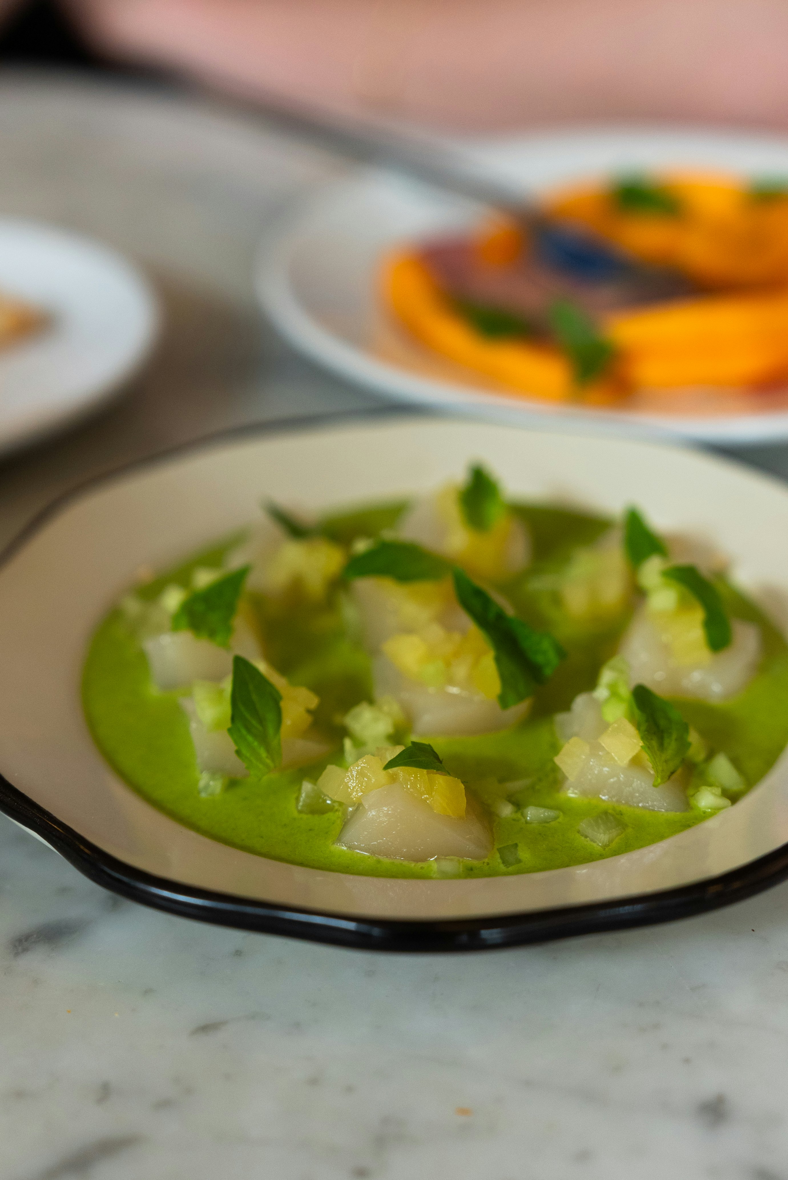 Scallop crudo with coconut, lime, pineapple & cucumber