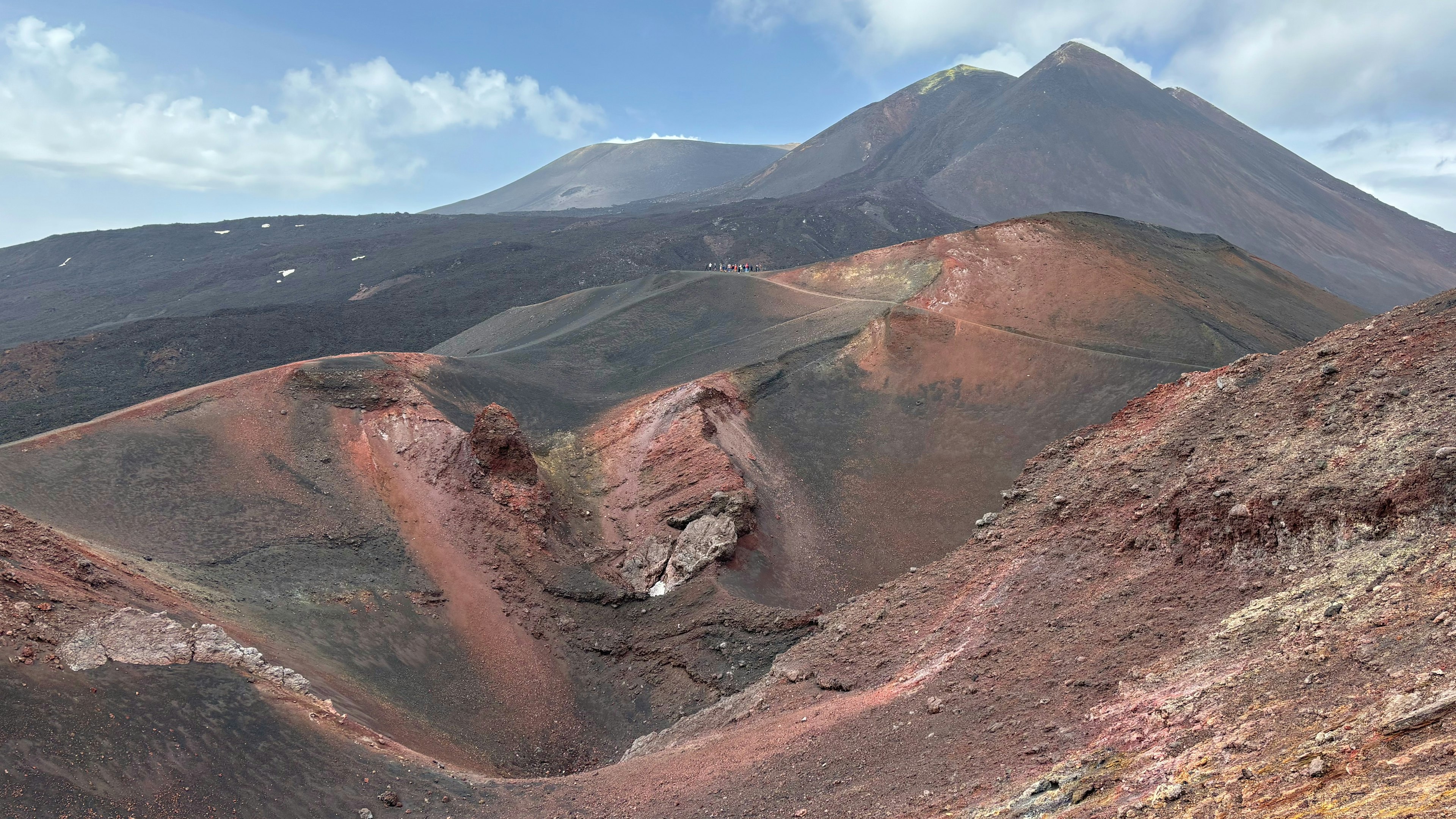 Hikers climbing up Etna Sud on a clear day in July.