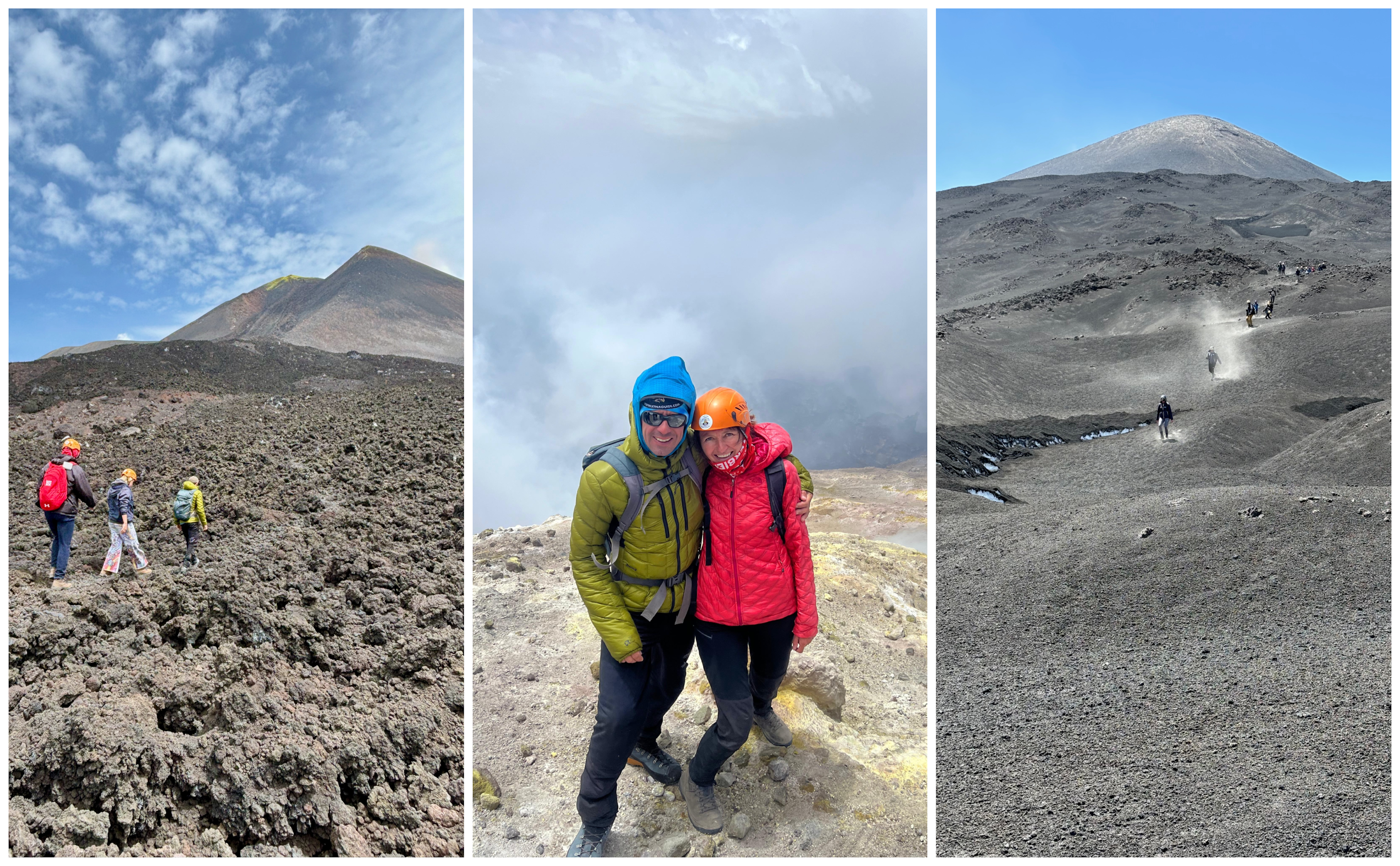 The author, hikers and their guides climbing Mount Etna's slopes, ash hills and lava flows.