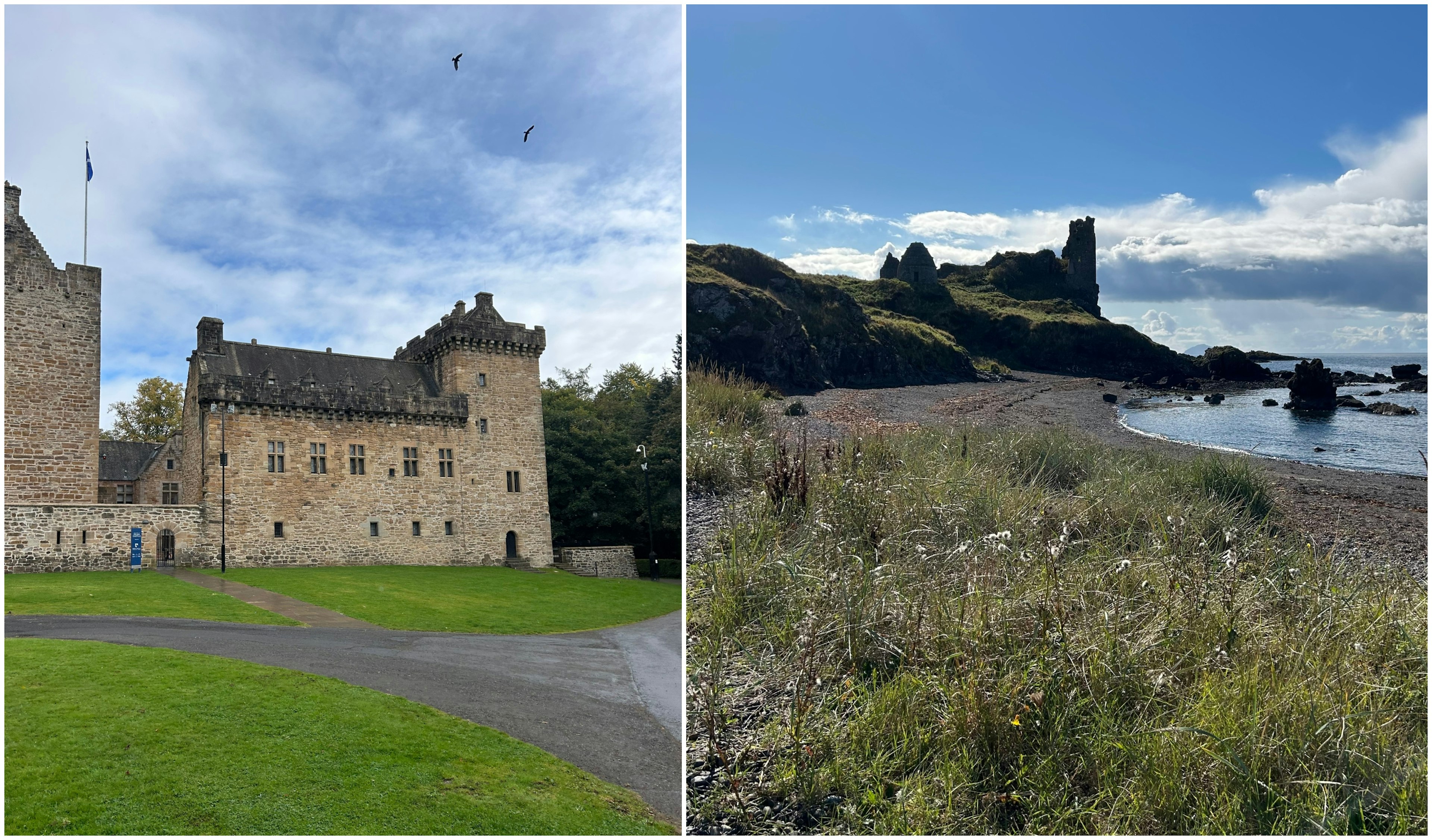 Photos of Dean Castle and the coast of Ayrshire in Scotland with blue skies above