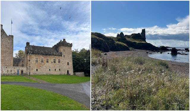 Photos of Dean Castle and the coast of Ayrshire in Scotland with blue skies above