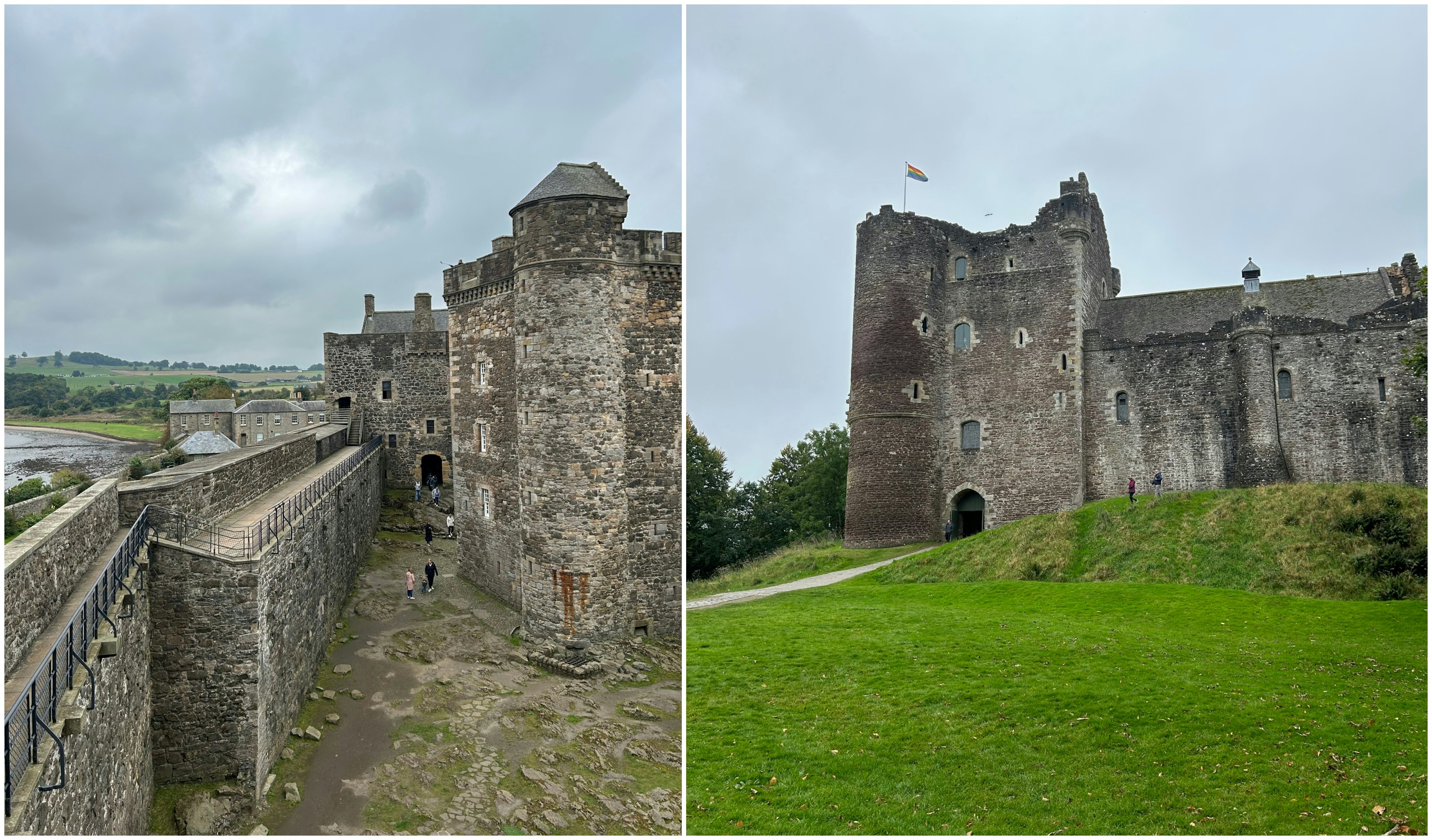 Two photos of Doune Castle with grey skies taken by the writer