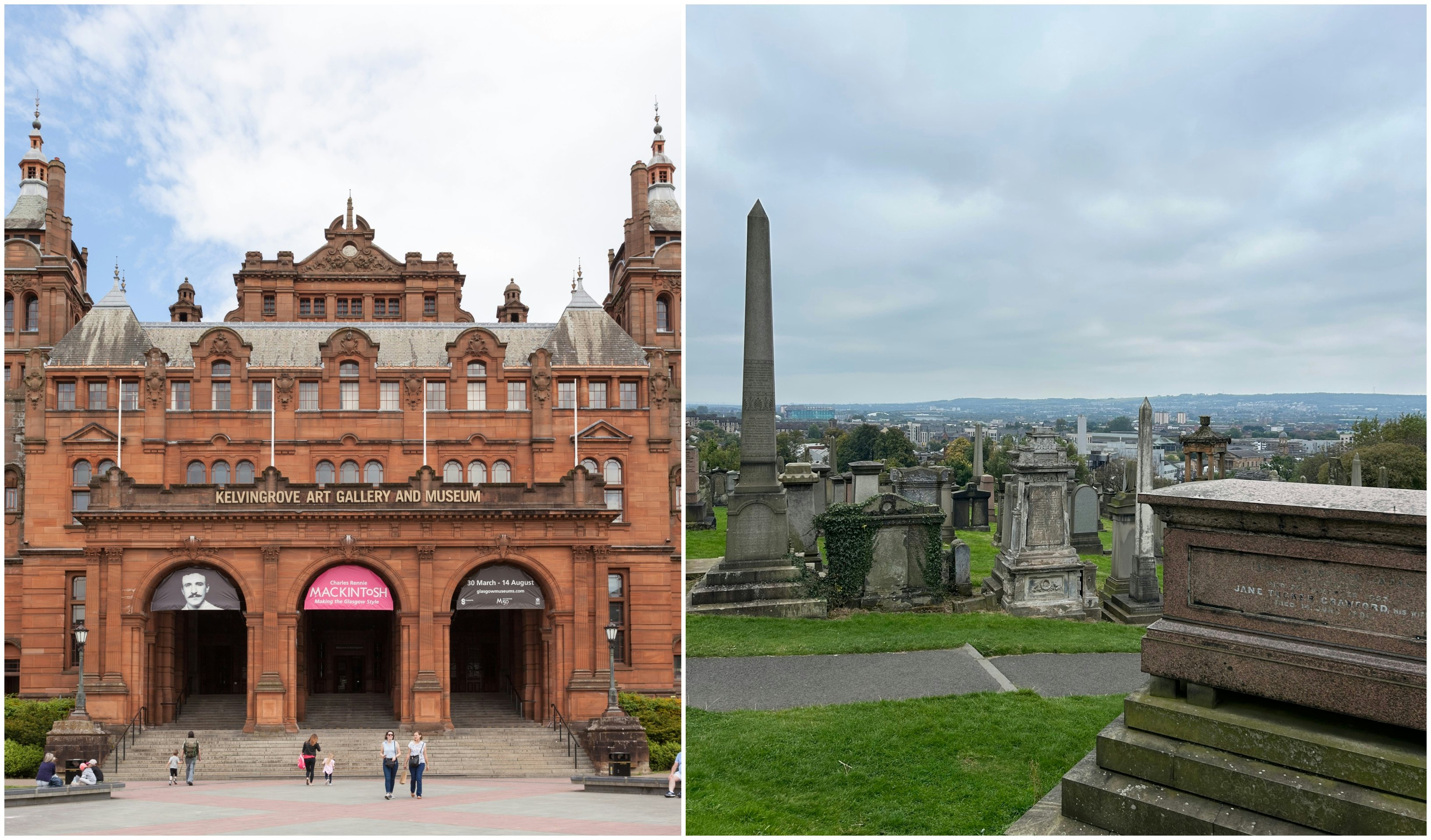 Exterior of Kelvingrove art gallery and museum in Glasgow on left and a view of the Necropolis on right.