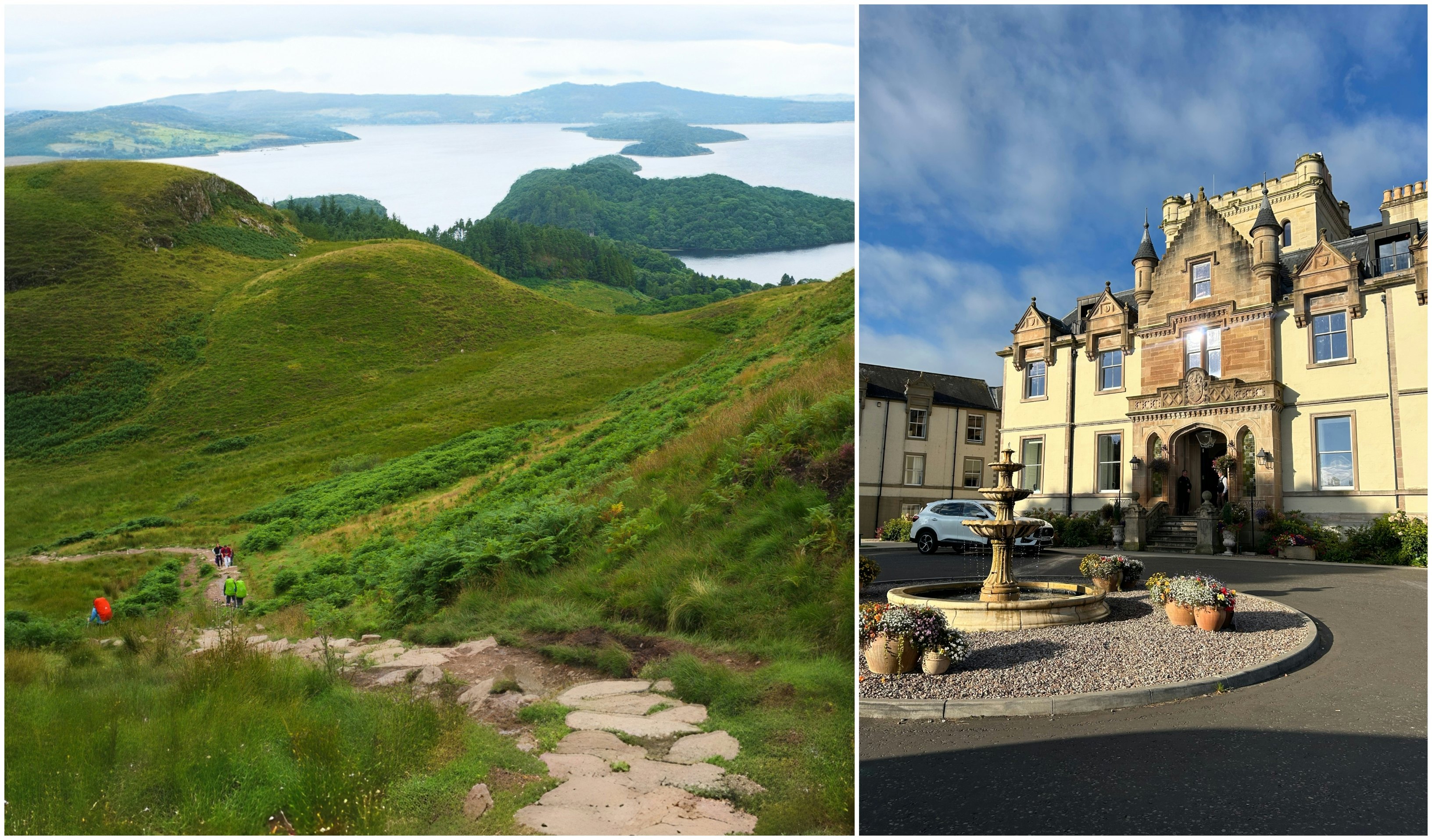 View of Loch Lomond, and the exterior of Cameron House in Scotland