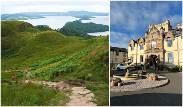 View of Loch Lomond, and the exterior of Cameron House in Scotland