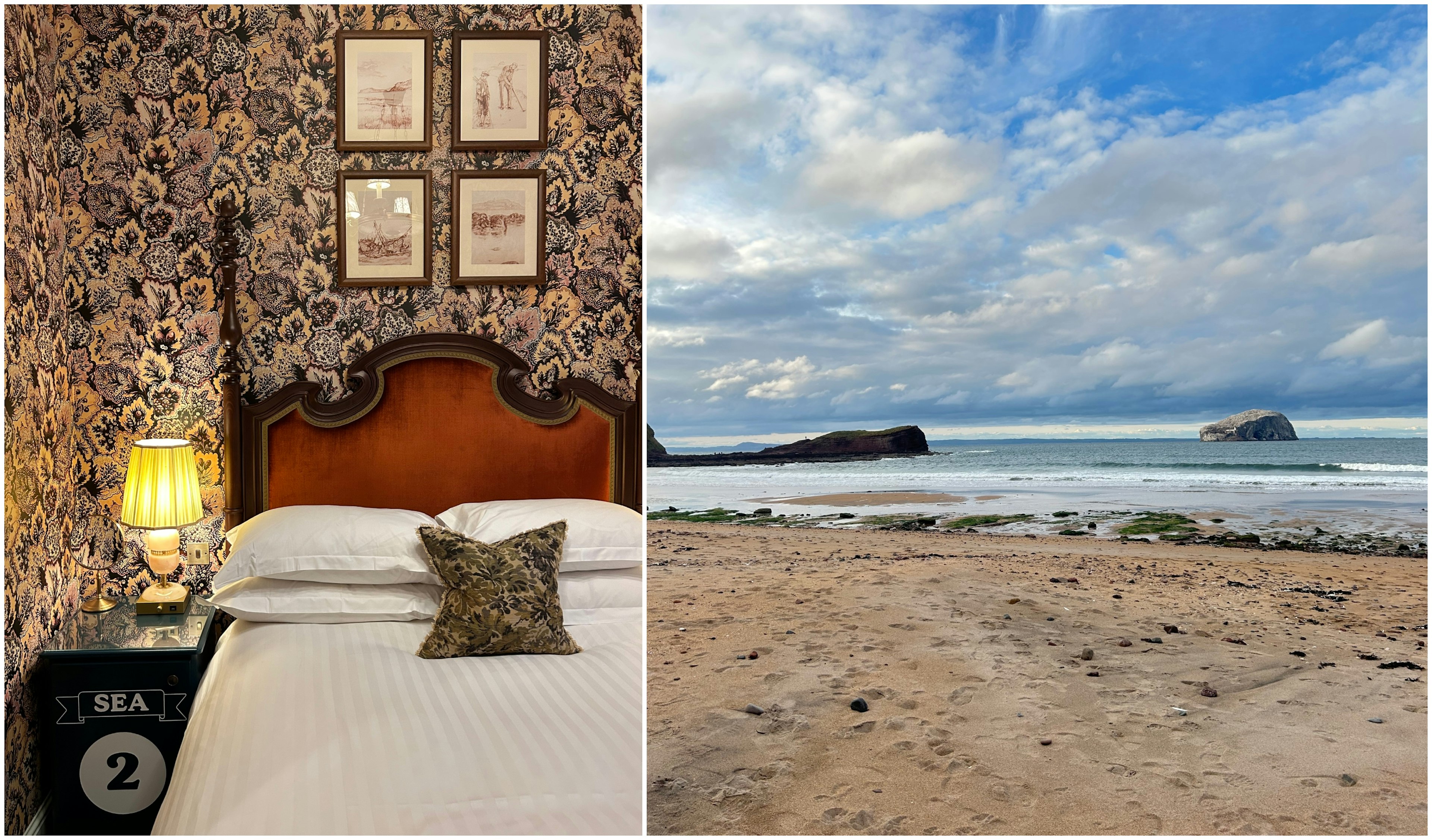 Interior shot of a hotel bed at Marine North Berwick on left and Seacliff Beach during golden hour on the right