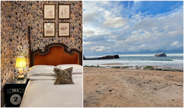 Interior shot of a hotel bed at Marine North Berwick on left and Seacliff Beach during golden hour on the right