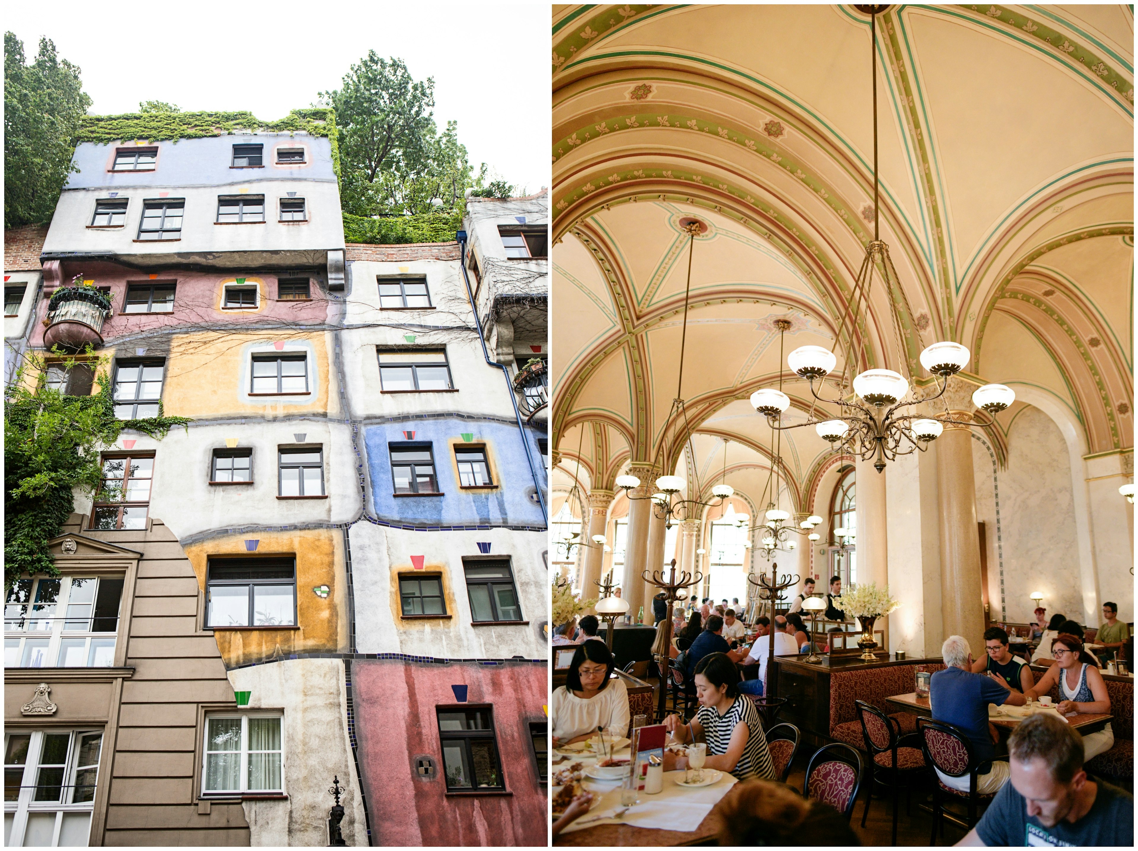 Left: The undulating irregular frontage of the Hundertwasserhaus
Right: Inside Café Central, Vienna