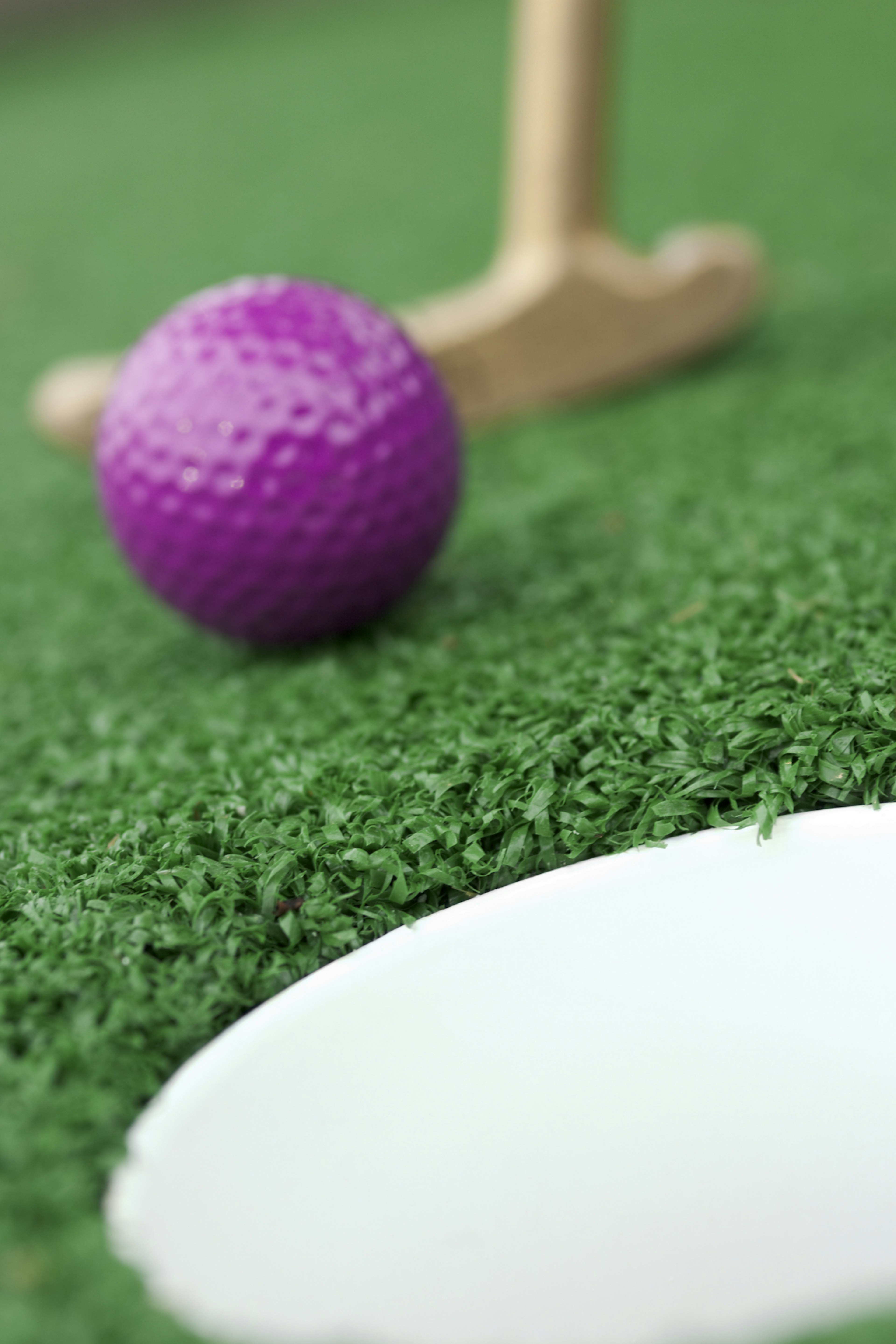 Close up image of a minigolf putter and purple ball.