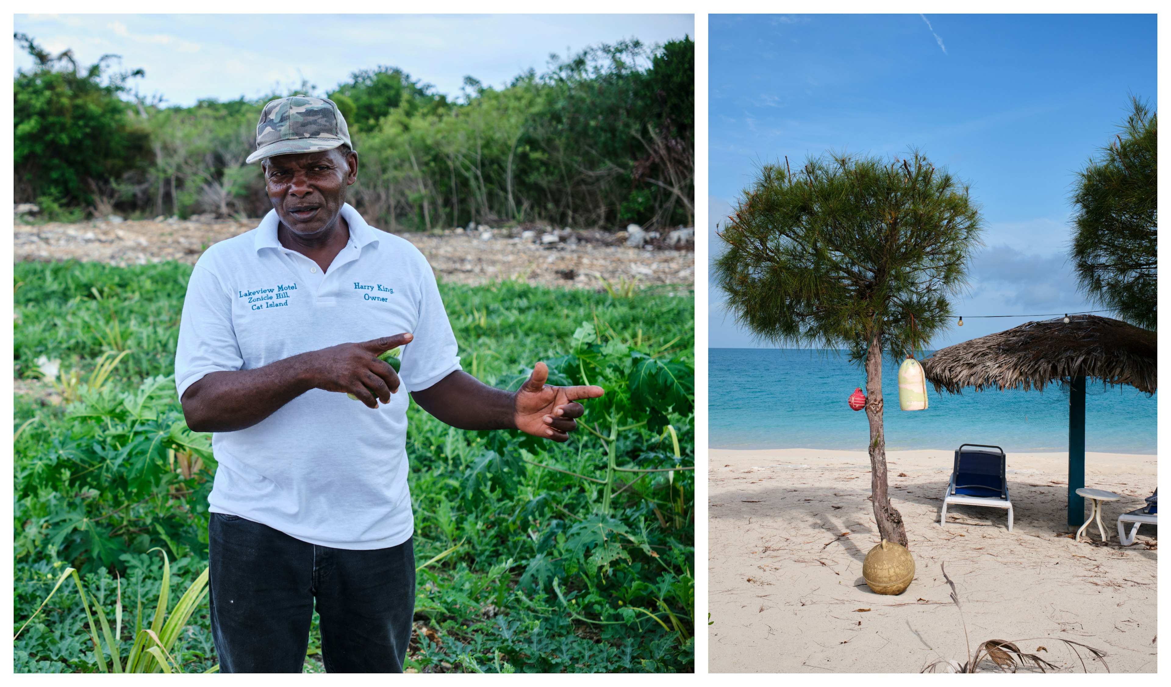 Left: Harrison King tells a story in his vegetable patch; right: Beach chairs on Cat Island. Alexander Howard/ϰϲʿ¼