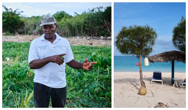 Left: Harrison King tells a story in his vegetable patch; right: Beach chairs on Cat Island. Alexander Howard/Lonely Planet