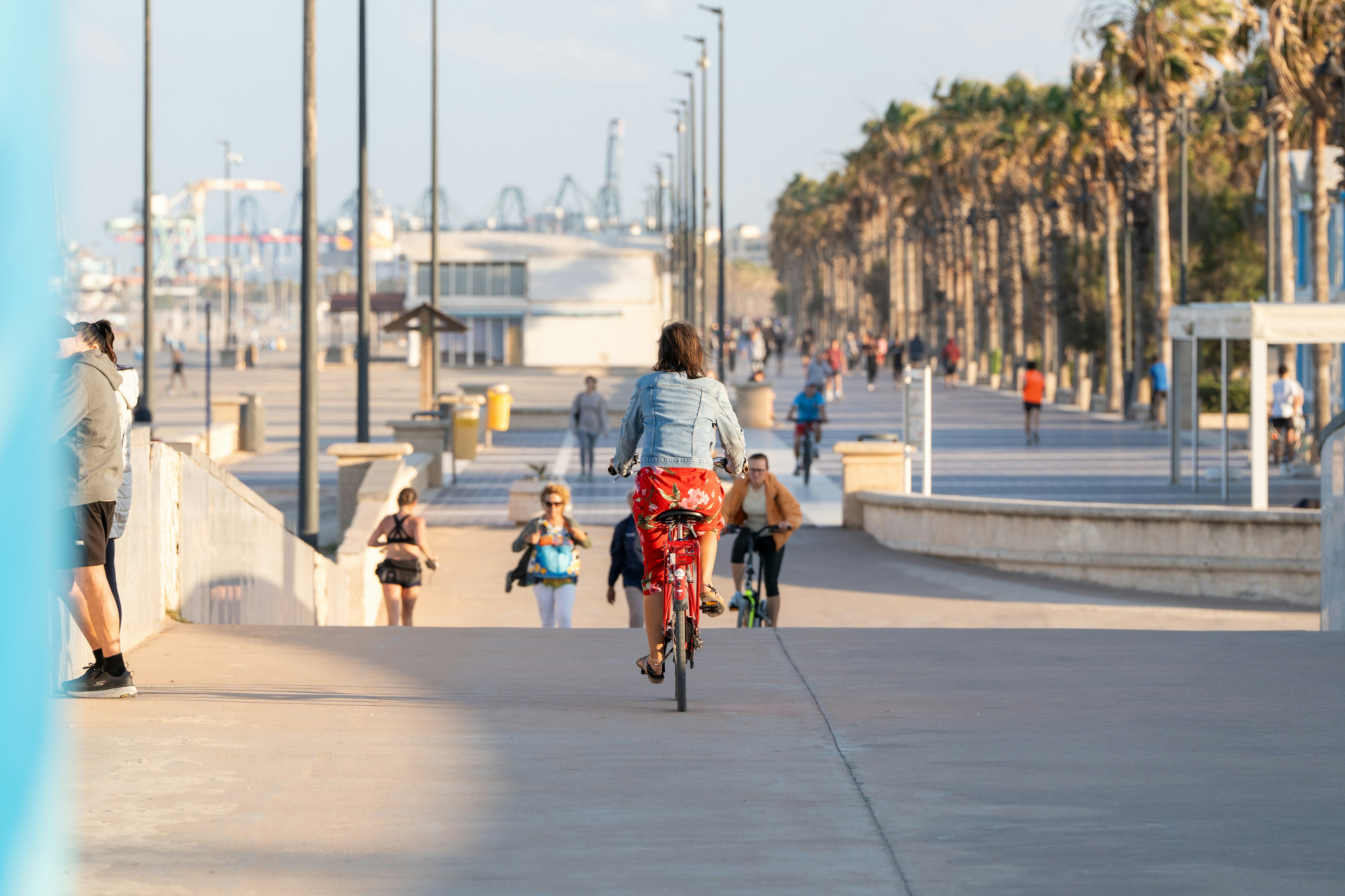 A woman seen from behind riding along a wide bike path in Valencia, Spain