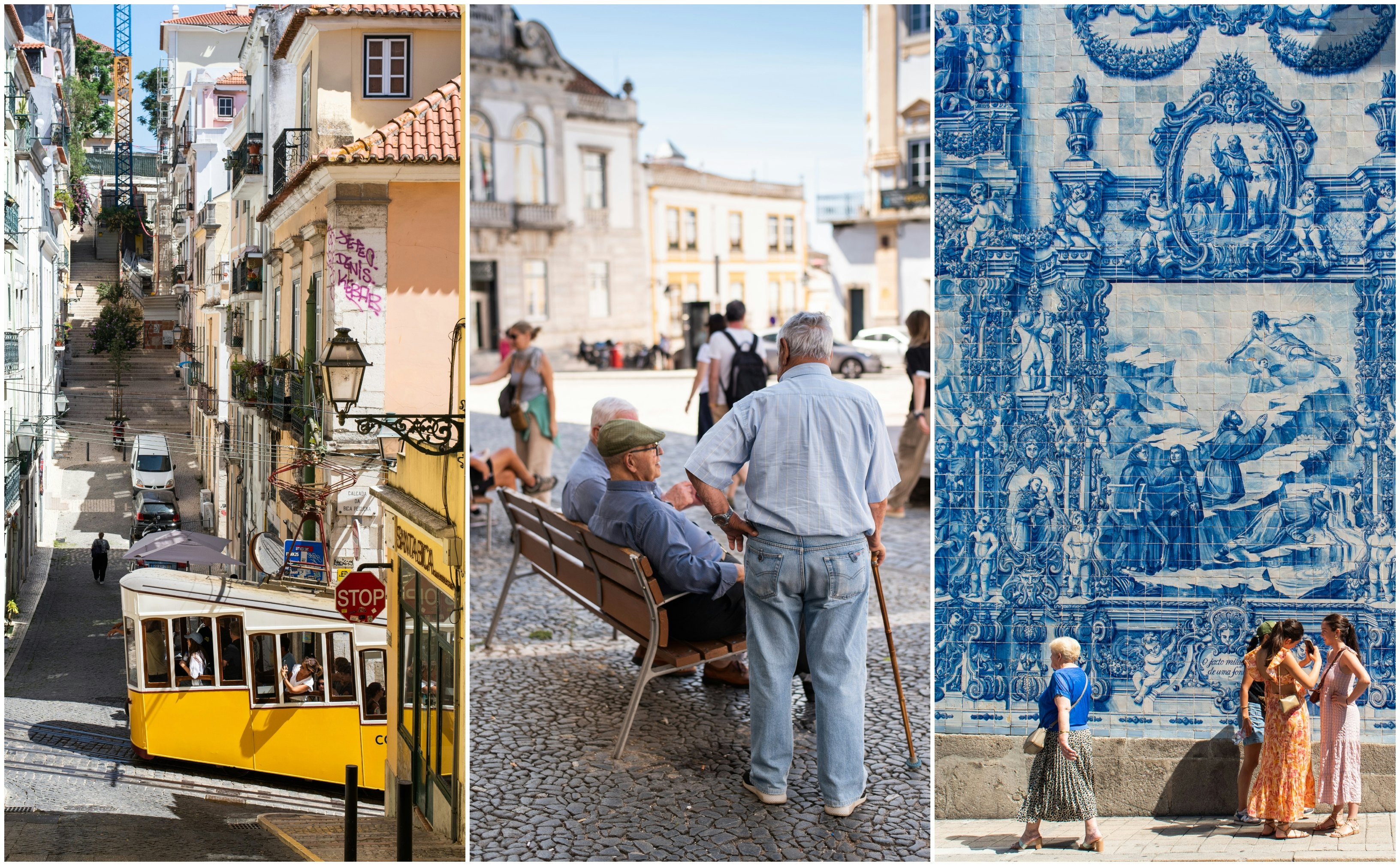 Left: a yellow tram heads up a steep hill; center: elderly men sit on a bench in a city square; right: women walk past a mural formed of blue-and-white tiles