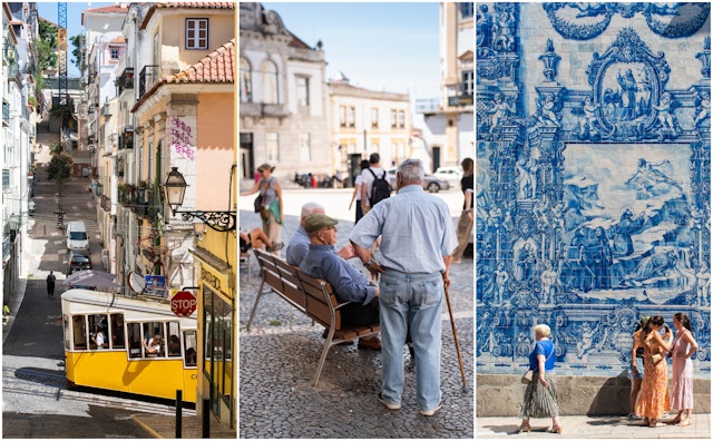 Left: a yellow tram heads up a steep hill; center: elderly men sit on a bench in a city square; right: women walk past a mural formed of blue-and-white tiles