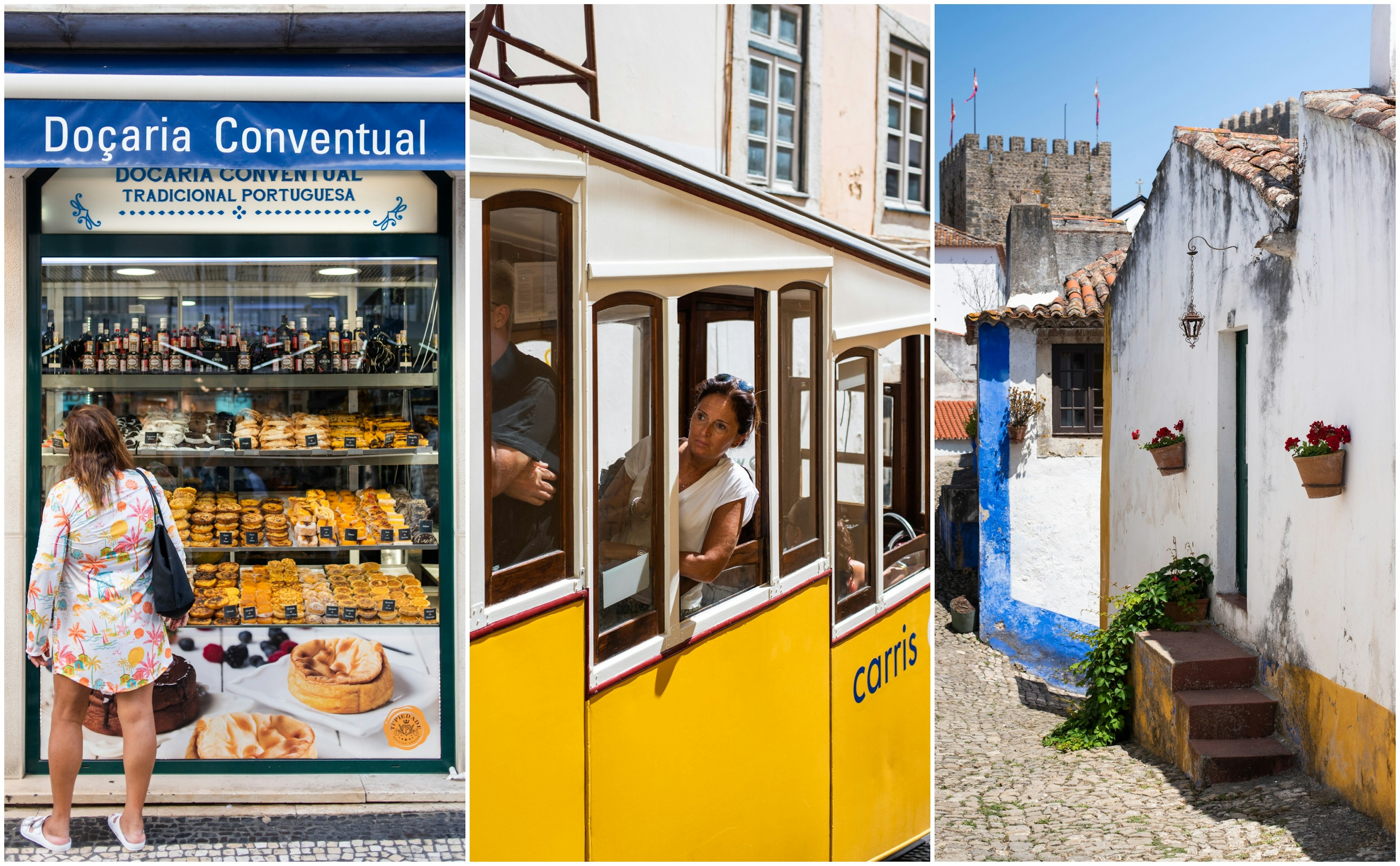 Left: A woman looks at pastel de nata - custard tarts - in a shop window; center: a woman rides a yellow tram; right: the white and yellow-trimmed buildings in a cobbled street.