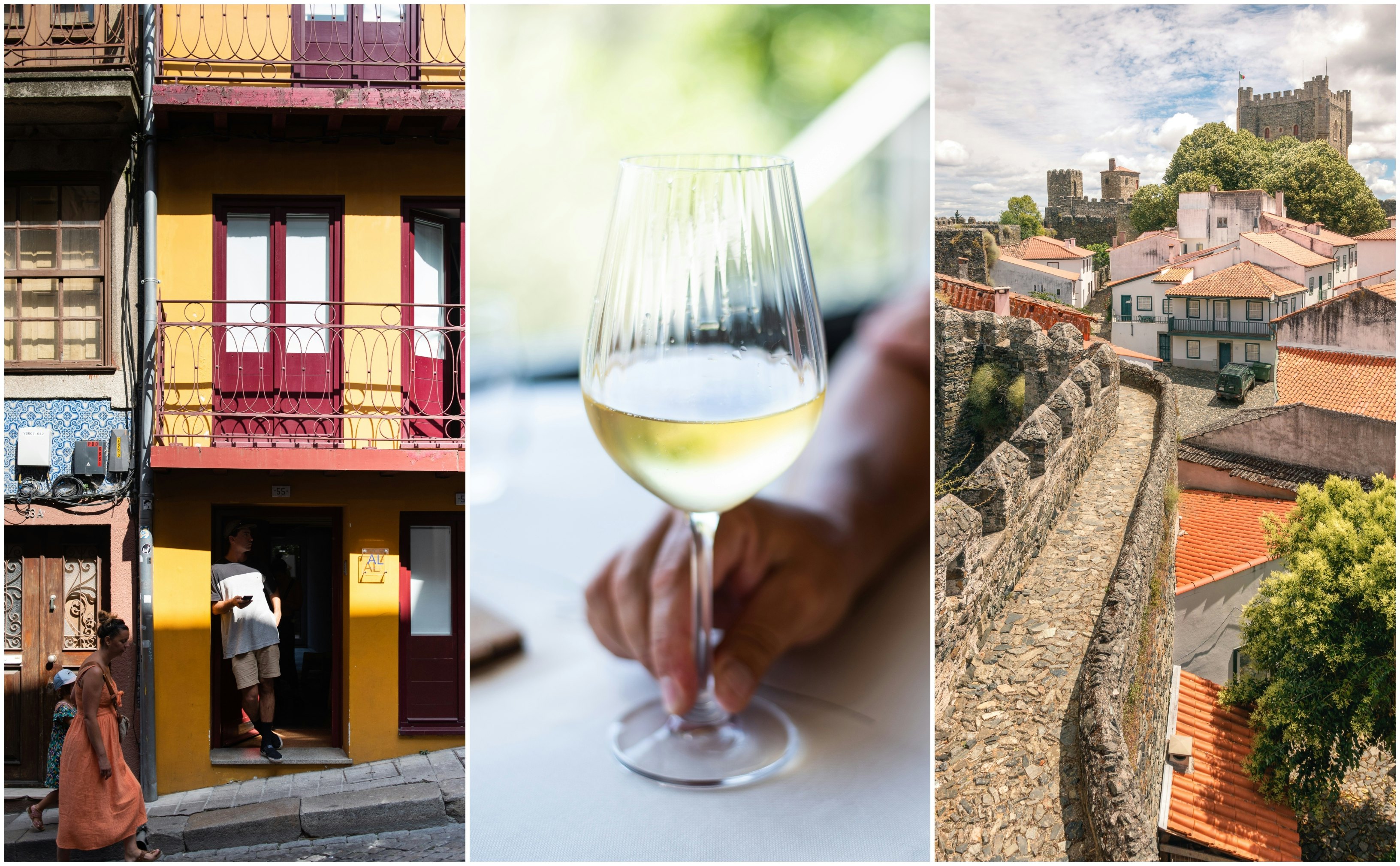 Left: A woman walks past a red and yellow building on a steep hill in a city; center: a hand holds a glass of white wine; right: a historic city wall pathway above orange roofs.