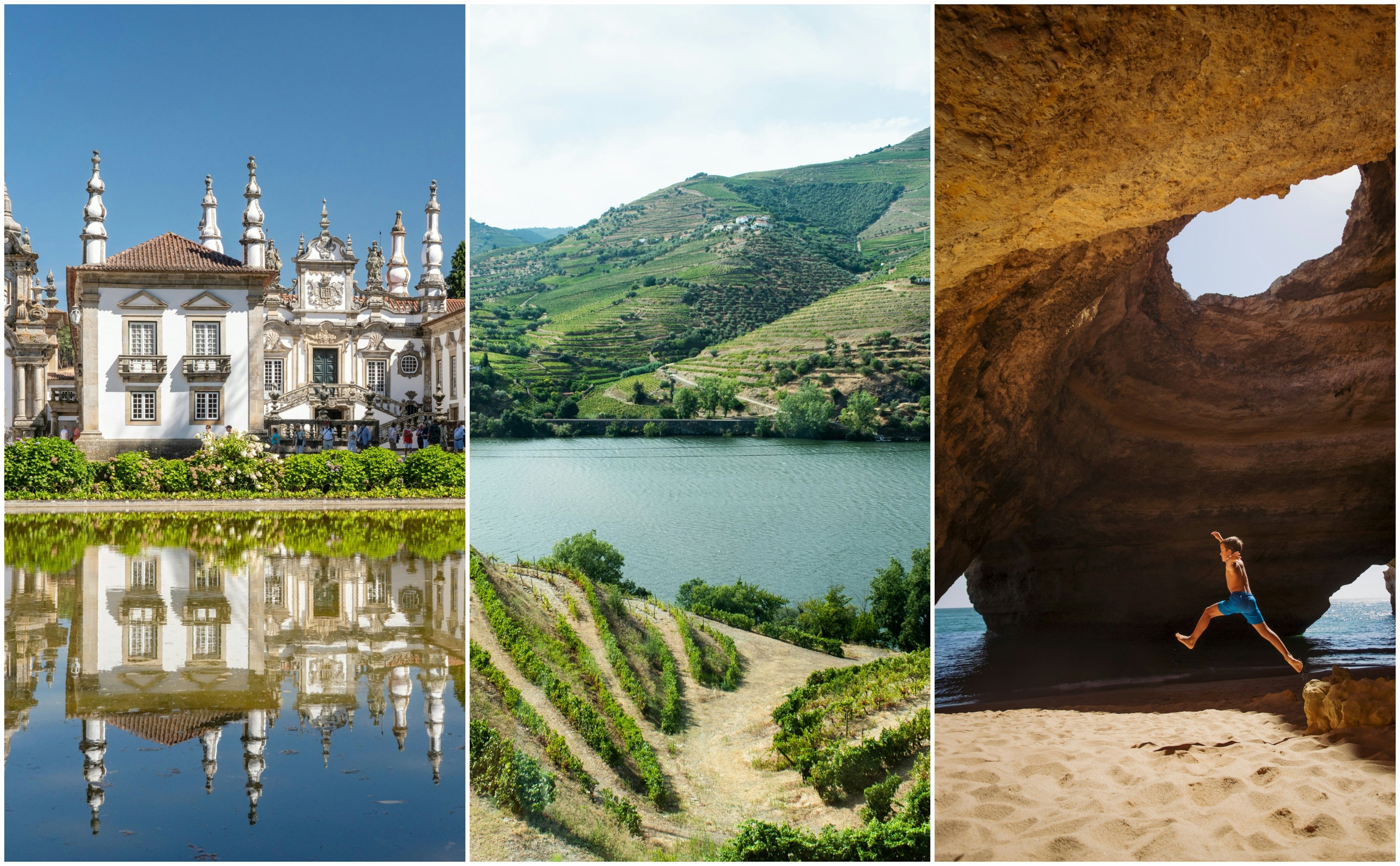 Left: elaborate buildings with turrets reflected in water; center: vineyards line hillsides beside a river; right: a kid jumps off a rock on a beach.