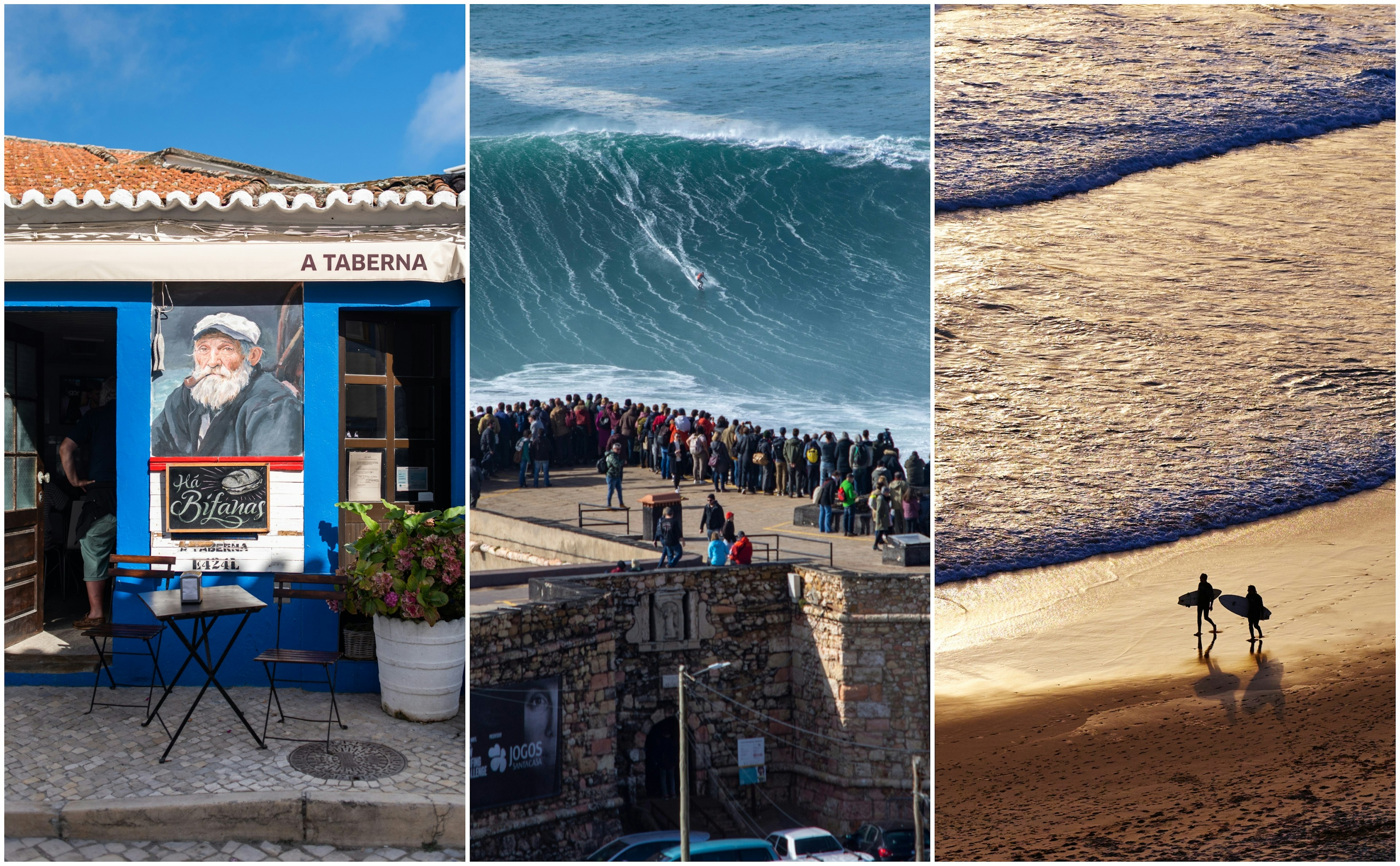 Left: A painting of a sailor on the outside of a tavern; center: people stand on a platform watching a surfer on a high wave; right: two surfers walk with their boards along the beach at sunset.