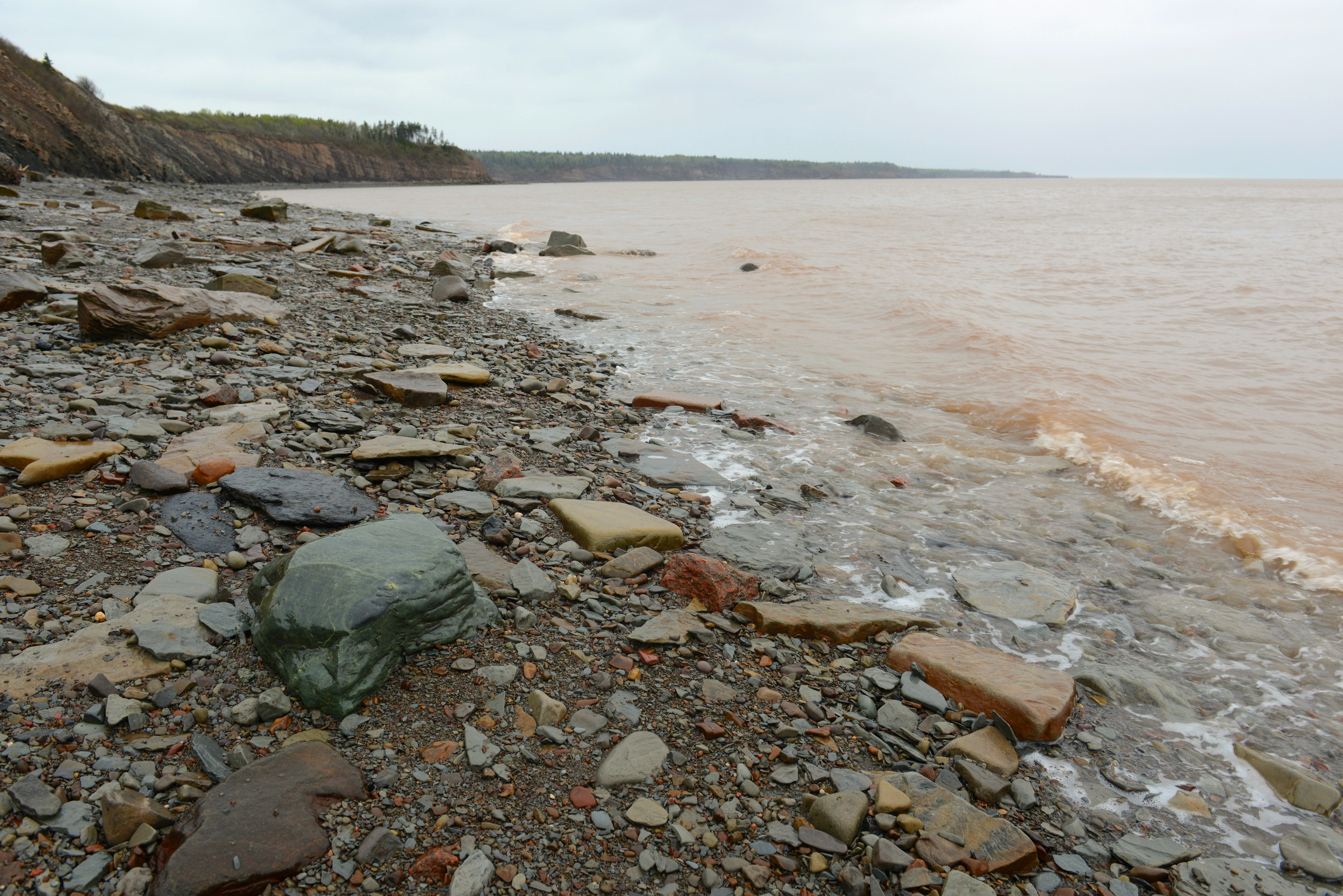 A jaggedy rocky coastline with waves lappin at the shore