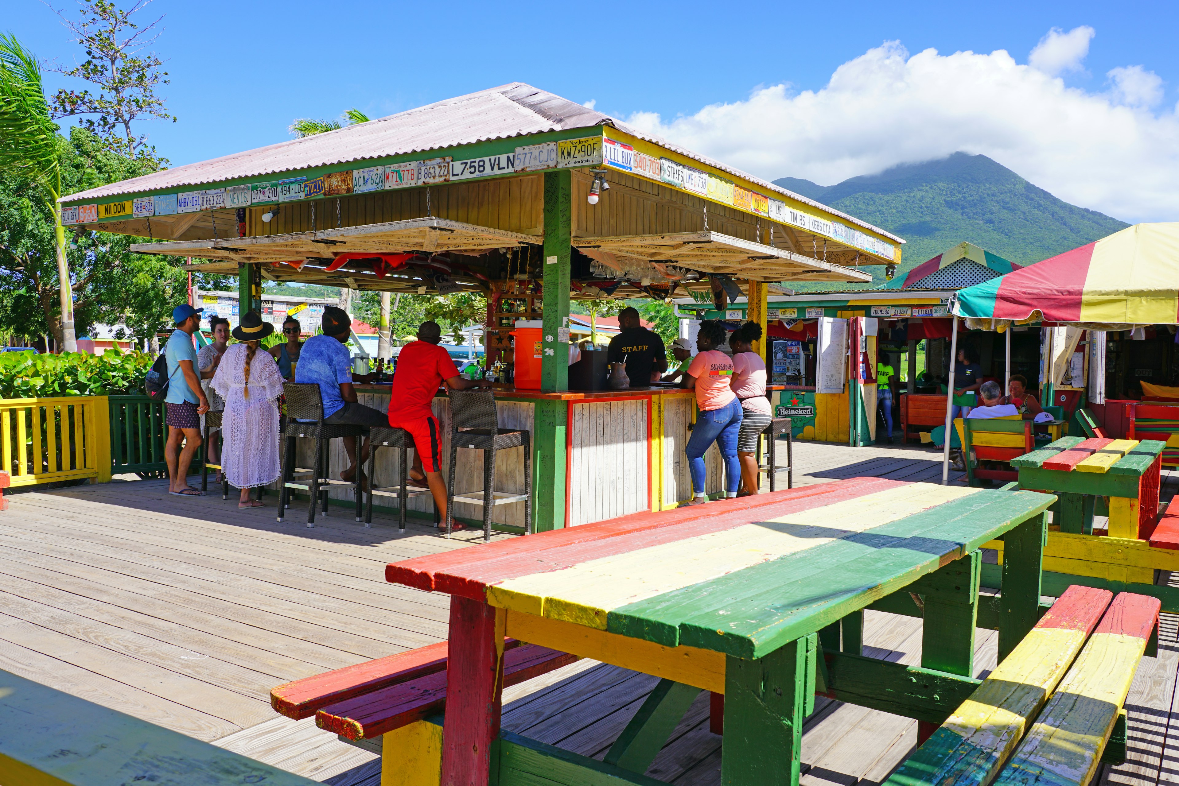 View of Sunshine's Beach Bar and Grill, home of the famous Killer Bee cocktail, a popular beach bar on the Caribbean island of Nevis in the West Indies.