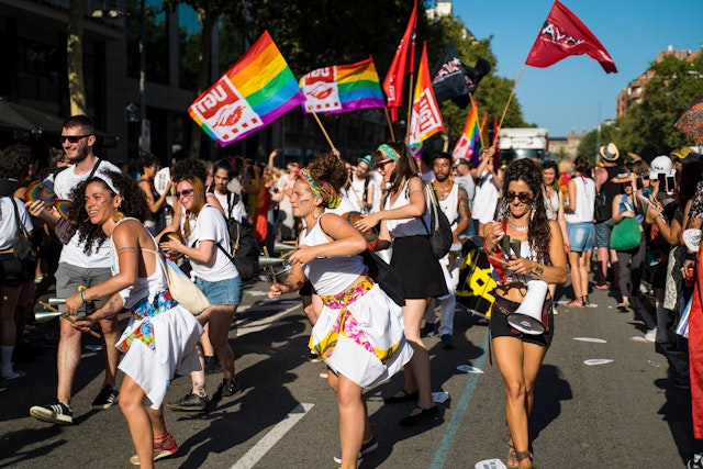 Pride Barcelona LGTBQ Festival celebration. Gay pride holiday in Catalan capital. Happy people celebrating PRIDE.