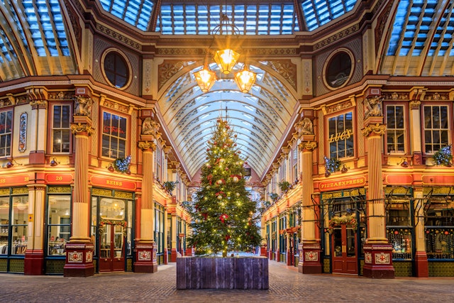 London, UK - Dec 30, 2018: A Christmas tree was decorated and placed in the center of the historic Leadenhall Market, which was located at financial district of London to celebrate the new year's day.