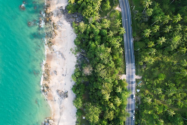 An aerial view of cars on a paved road parallel to the beach and turquoise waters, separated by lush green palm trees near Phuket, Thailand