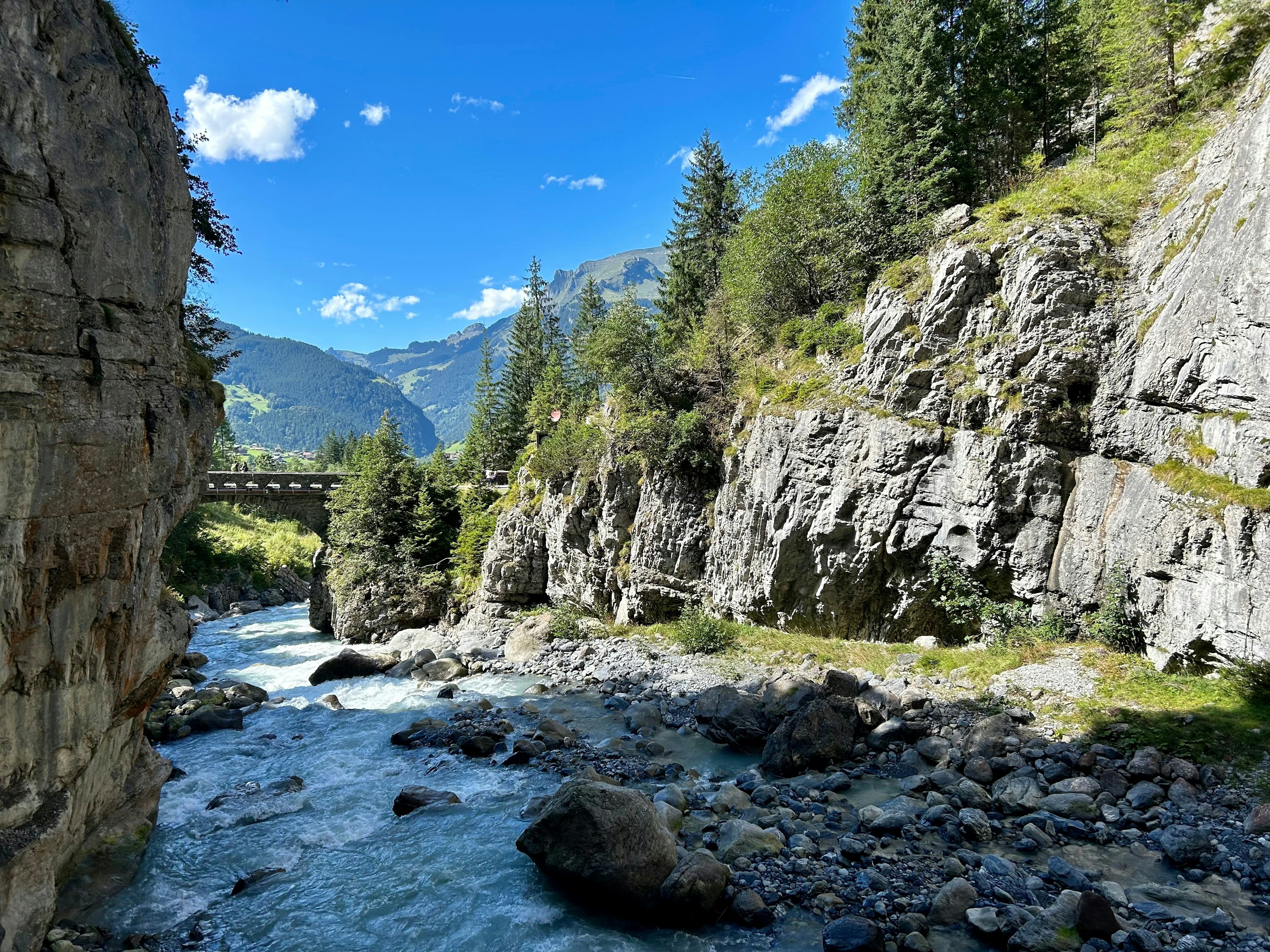 A river flows through a gorge with steep rocky sides