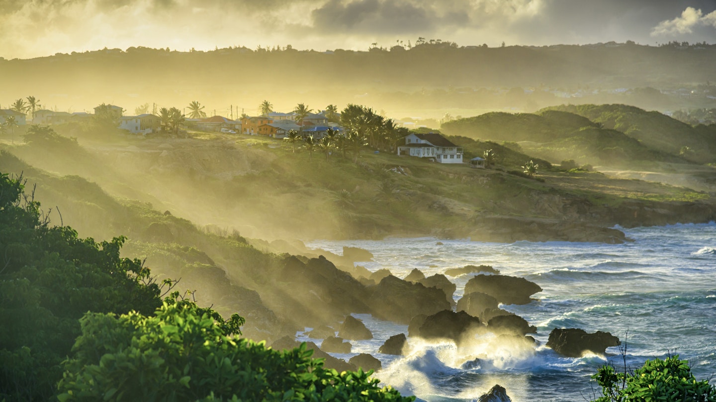 Water spray hitting the land after strong waves splash on the rock, sunset at Ragged point in Eastern-Barbados, License Type: media, Download Time: 2024-10-01T15:17:12.000Z, User: joe_lp, Editorial: false, purchase_order: 56530, job: Global Publishing WIP, client: Amazing World Atlas 2, other: Joe Fullman