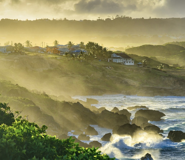 Water spray hitting the land after strong waves splash on the rock, sunset at Ragged point in Eastern-Barbados, License Type: media, Download Time: 2024-10-01T15:17:12.000Z, User: joe_lp, Editorial: false, purchase_order: 56530, job: Global Publishing WIP, client: Amazing World Atlas 2, other: Joe Fullman
