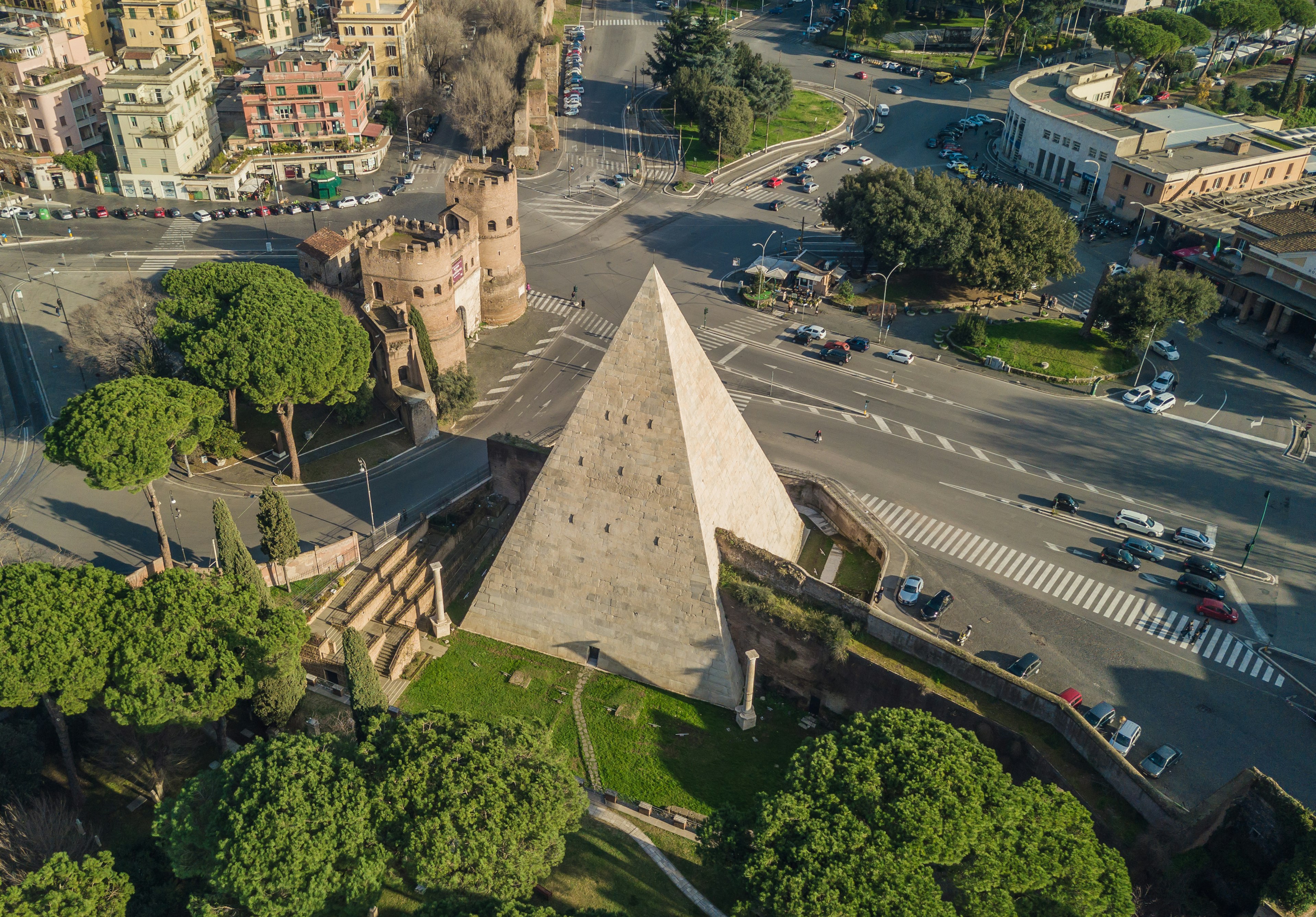 Aerial view of the Pyramid of Cestius in Rome.