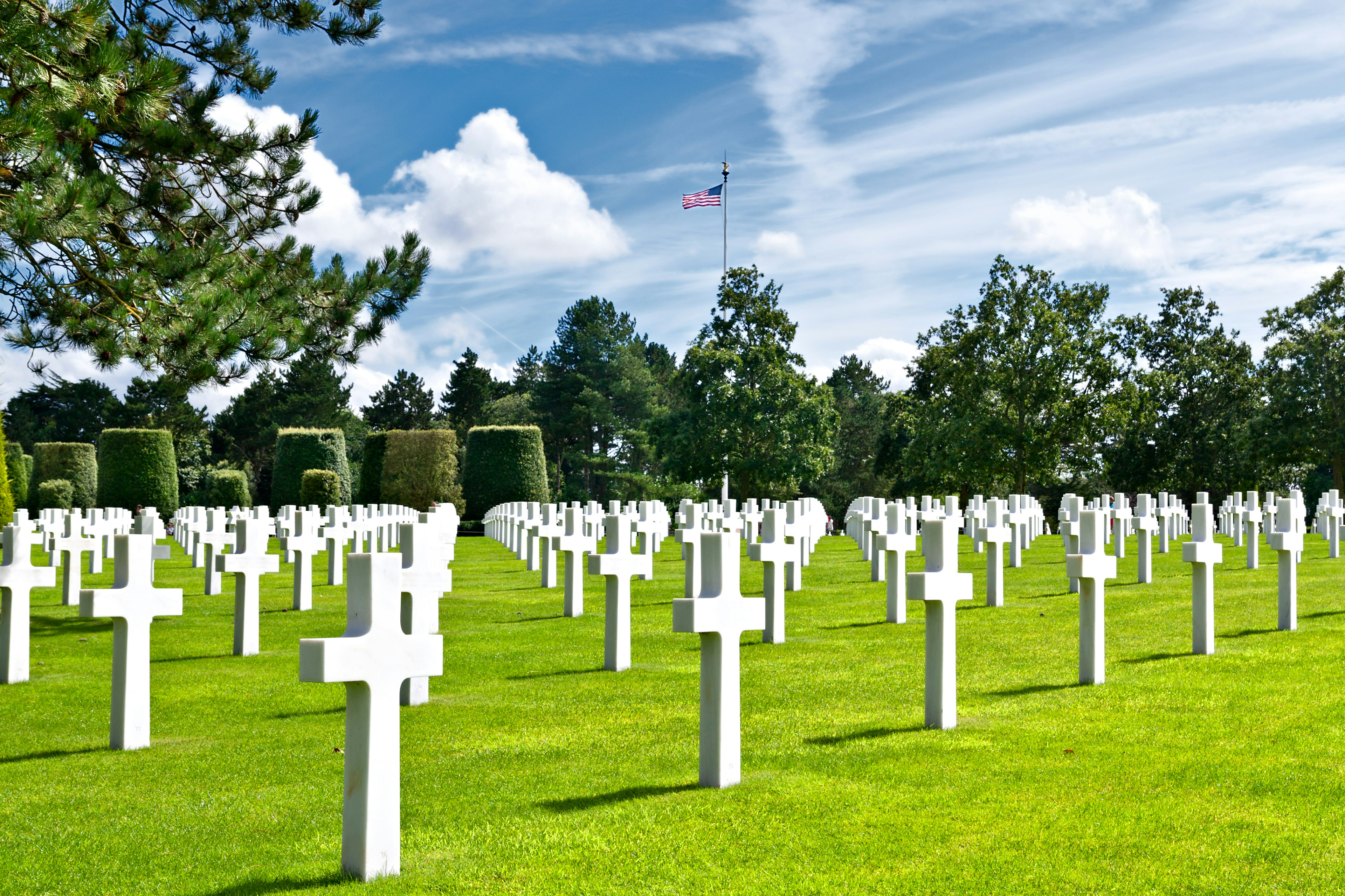 Trees next to a field of white crosses at the American cemetery in Colleville-sur-Mer