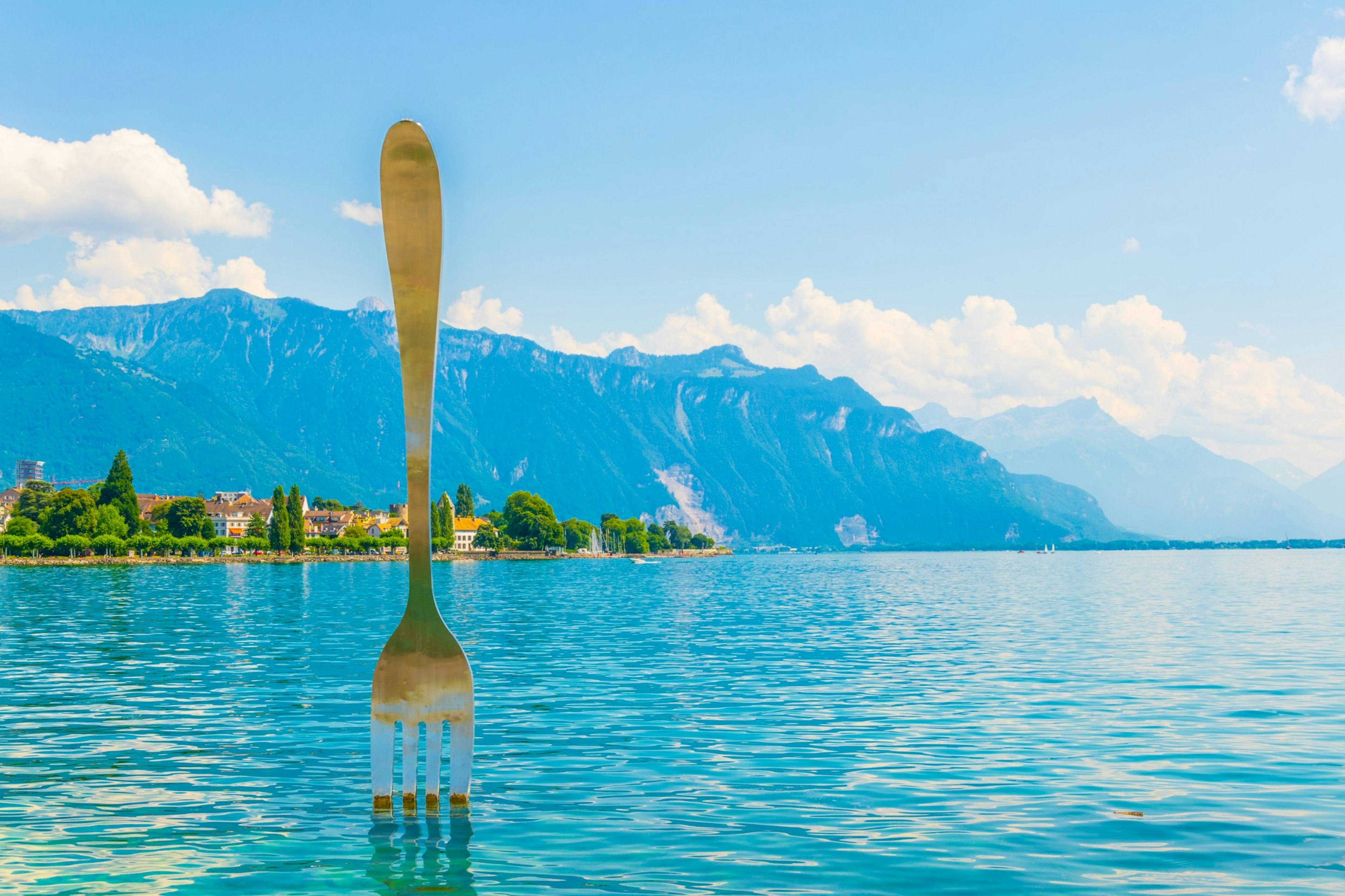 The Fork sculpture near the shore of the Geneva lake in Switzerland.