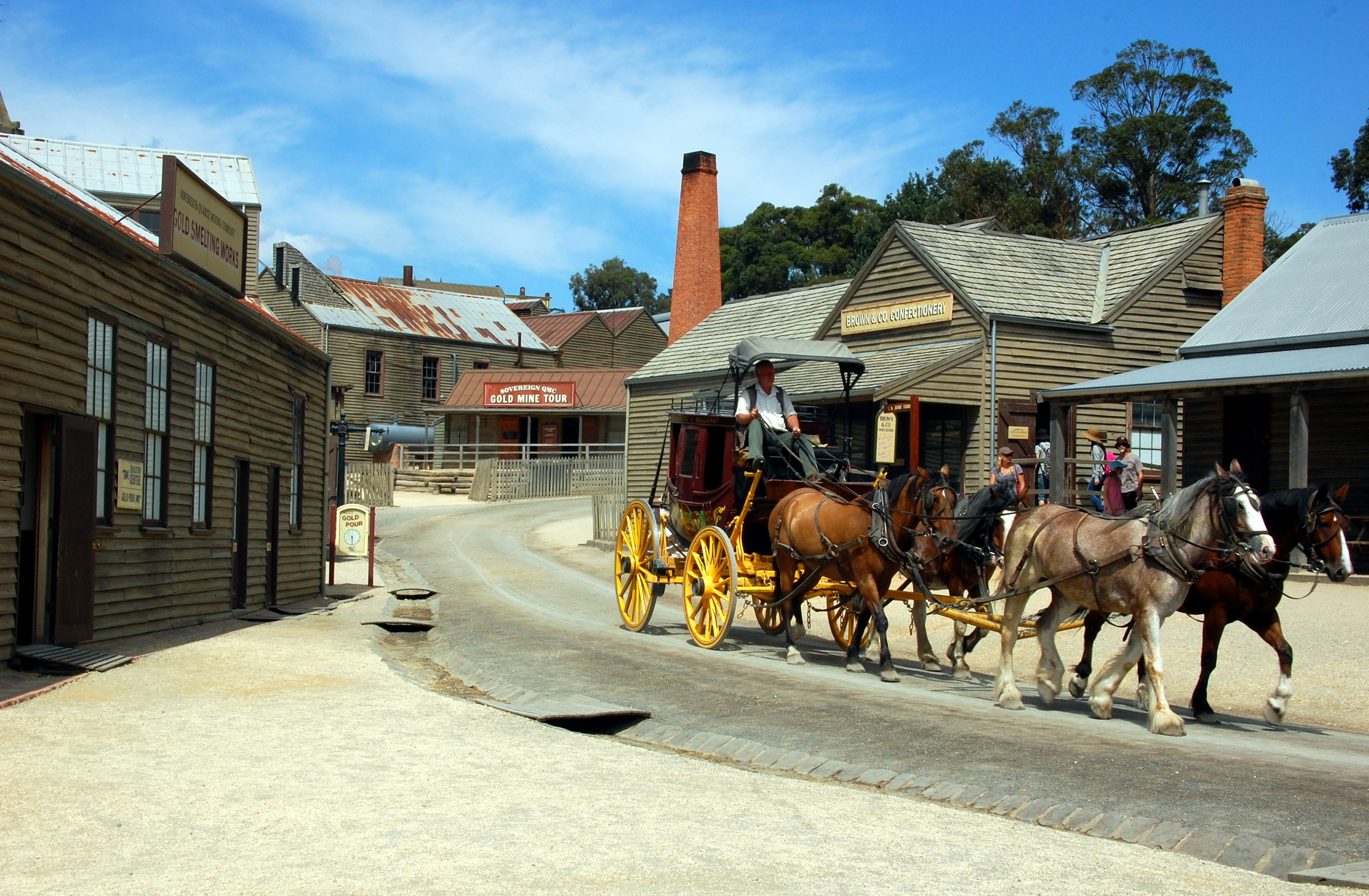 Horse drawn carriage in the open-air museum at Golden Point, Sovereign Hill depicting Ballarat's first years after the discovery of gold.