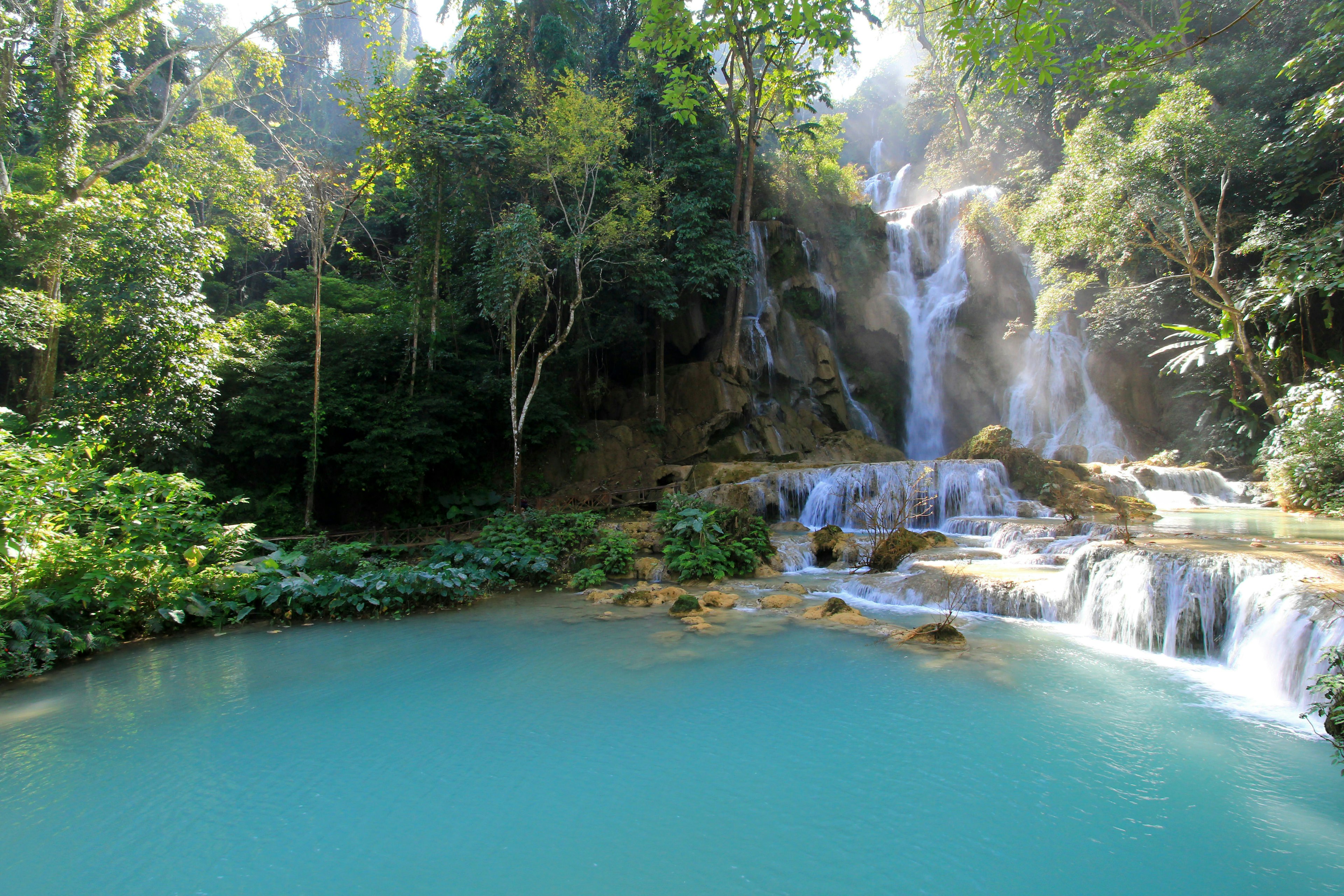 Beautiful blue green color of water at Kuang Si Falls