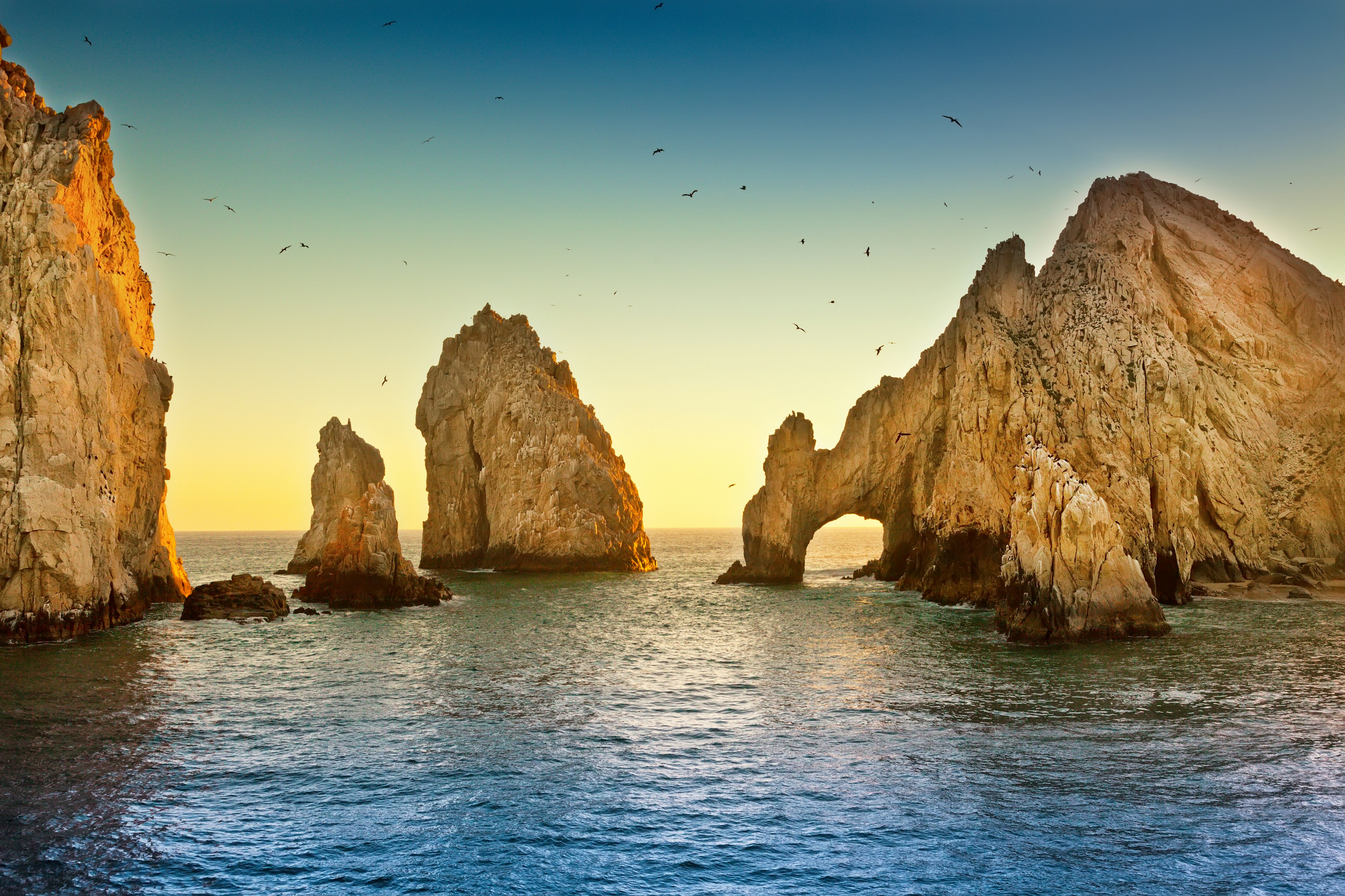 Birds in flight over the natural rock formation at Land's End during sunset.