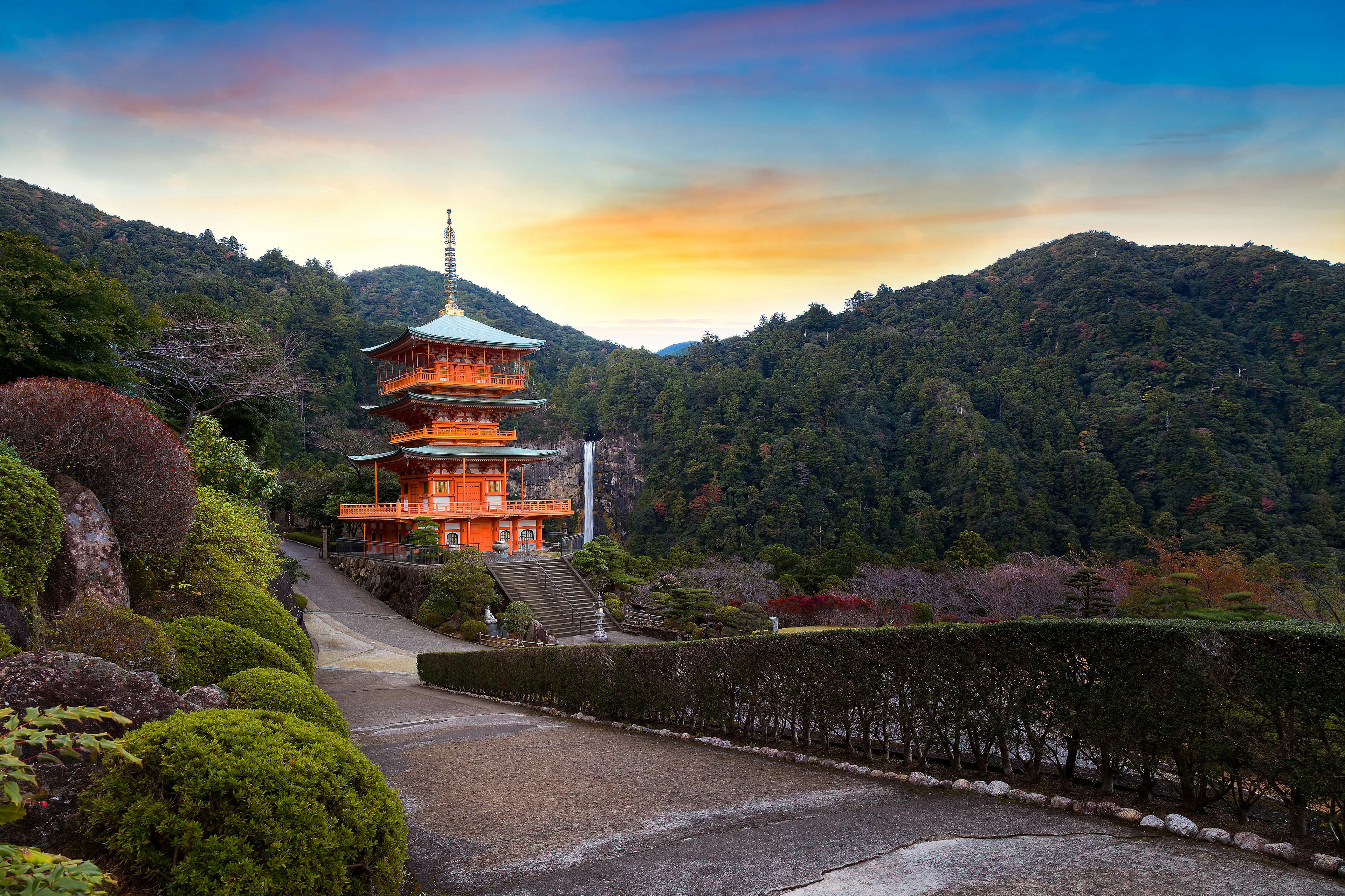 Pagoda of Seiganto-ji Temple at Nachi Katsuura with Nachi no Taki fall in Wakayama, Japan.