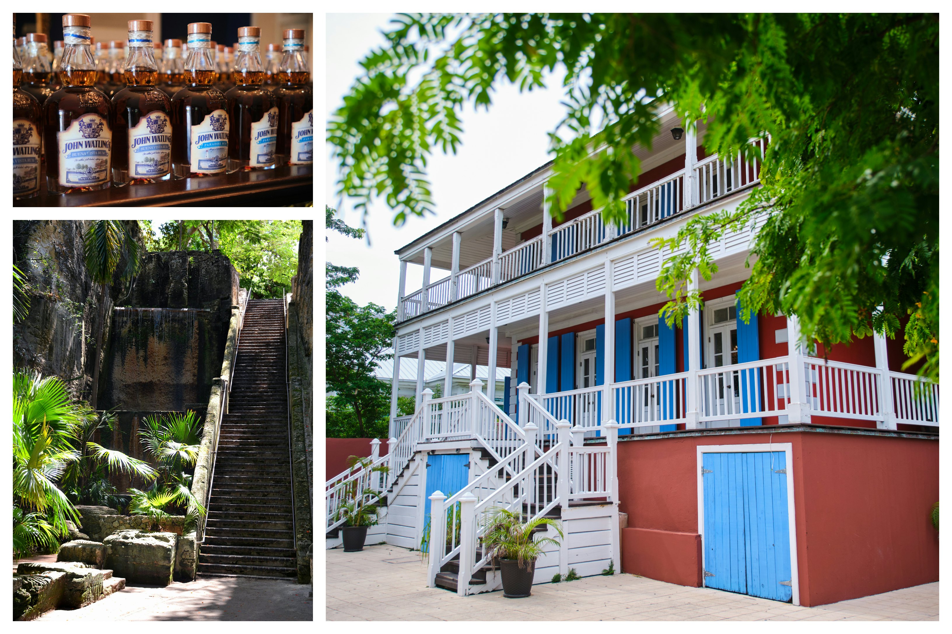 Clockwise from left: Bottles of rum at John Watling’s Distillery, the back patio of the John Watling’s Distillery estate, Queen’s Staircase. Getty Images; Alexander Howard/Lonely Planet (2)