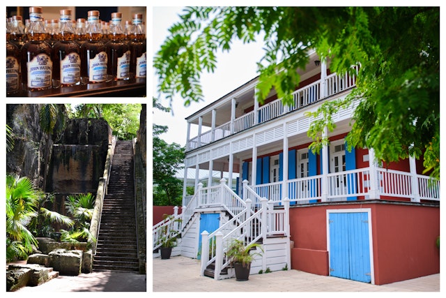 Clockwise from left: Bottles of rum at John Watling’s Distillery, the back patio of the John Watling’s Distillery estate, Queen’s Staircase. Getty Images; Alexander Howard/Lonely Planet (2)