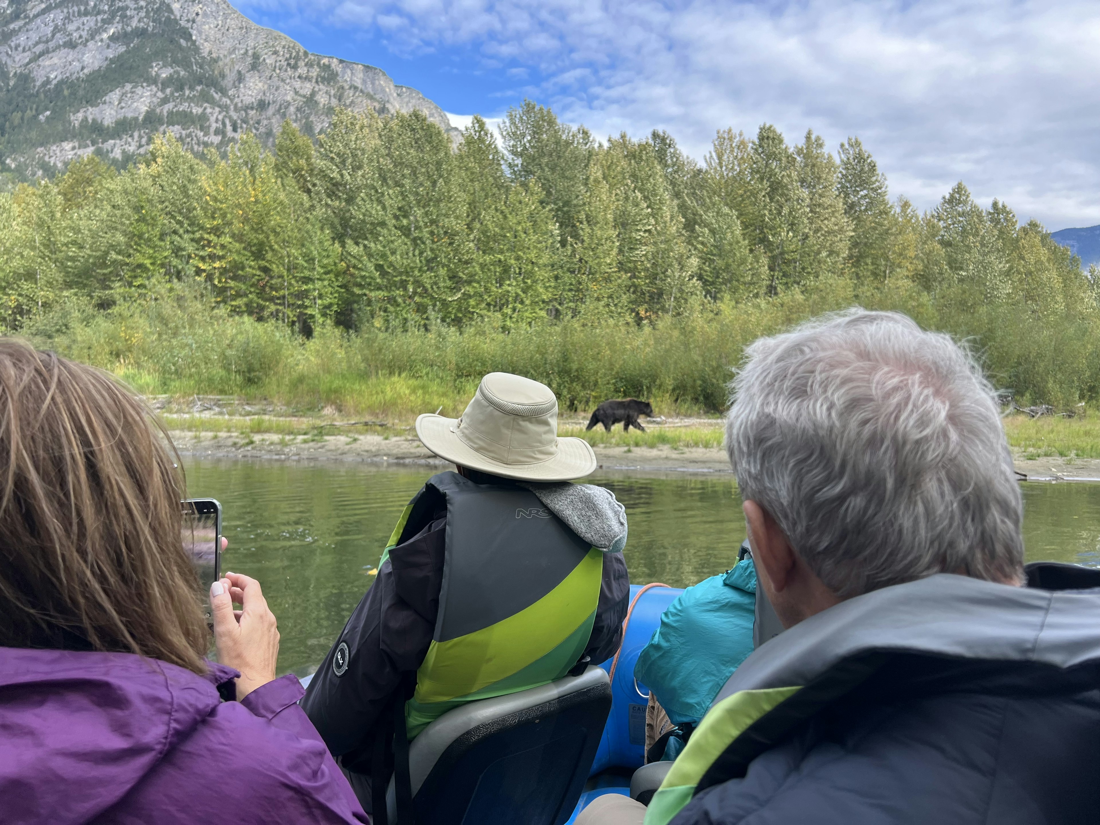 A bear on the shore of a river with people in the foreground